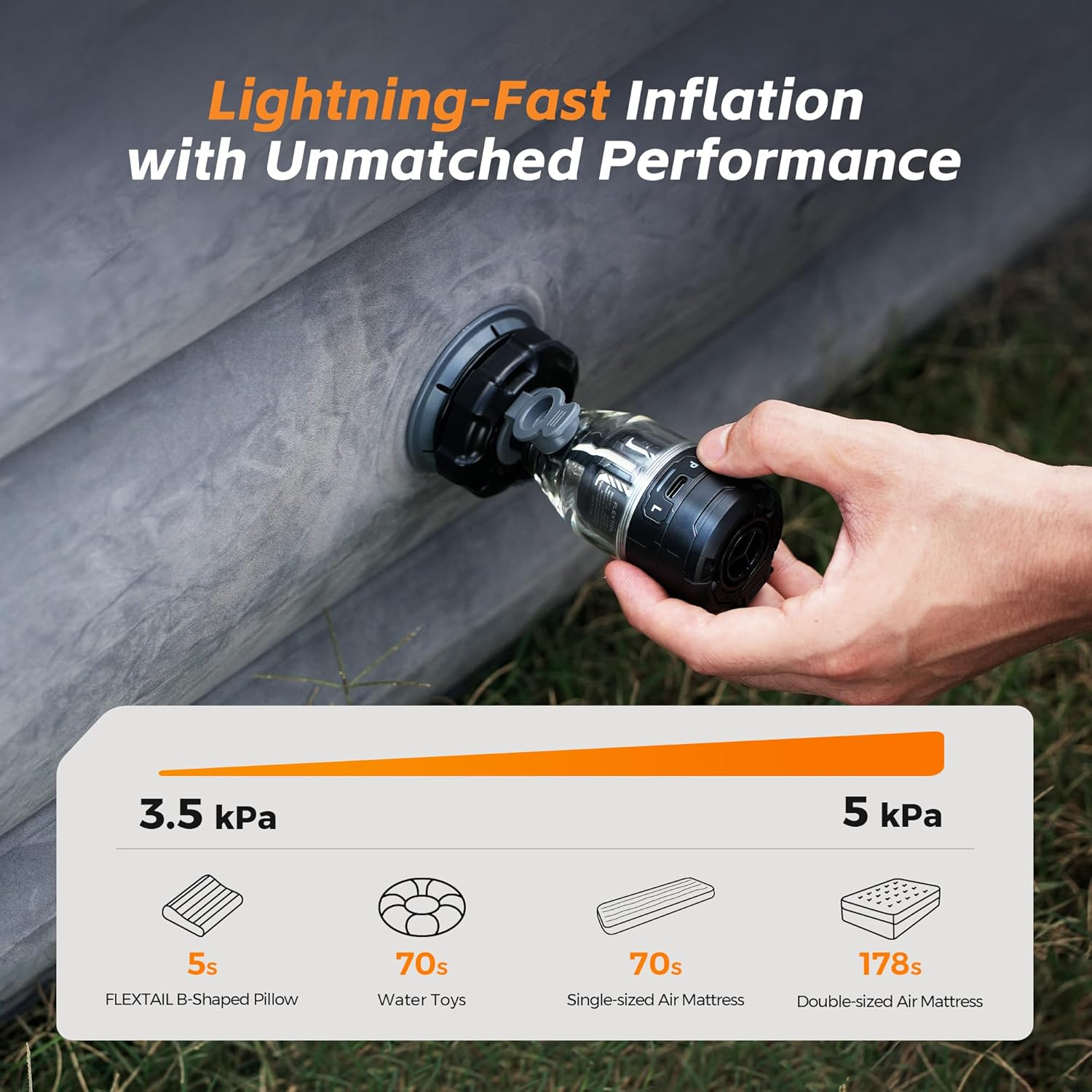 FLEXTAILGEAR MAX Pump 3 Portable Air Pump, 5KPA Air Pump for Inflatables with Camping Light, Rechargeable Air Mattress Pump,6 Nozzles to Inflate Deflate for Pool Floats Air Mattress Inflatable Boat - Cream image number 2