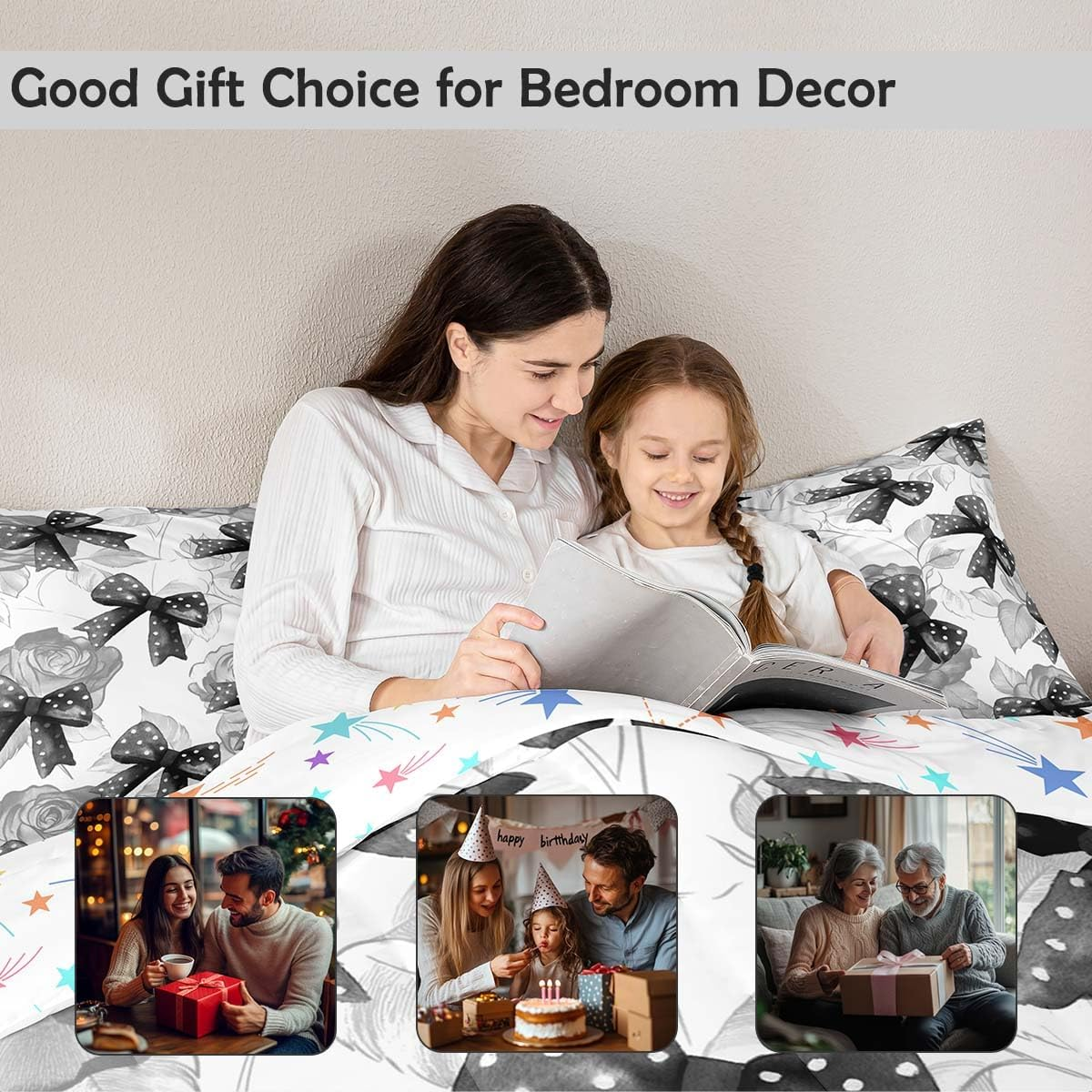 Homemissing Black White Bowknot Duvet Cover Set Double Size for Kids Girls Teens Bedroom Cute Coquette Bow Bedding Set Rose Bow Ribbon Comforter Cover with 2 Pillowcases image number 1