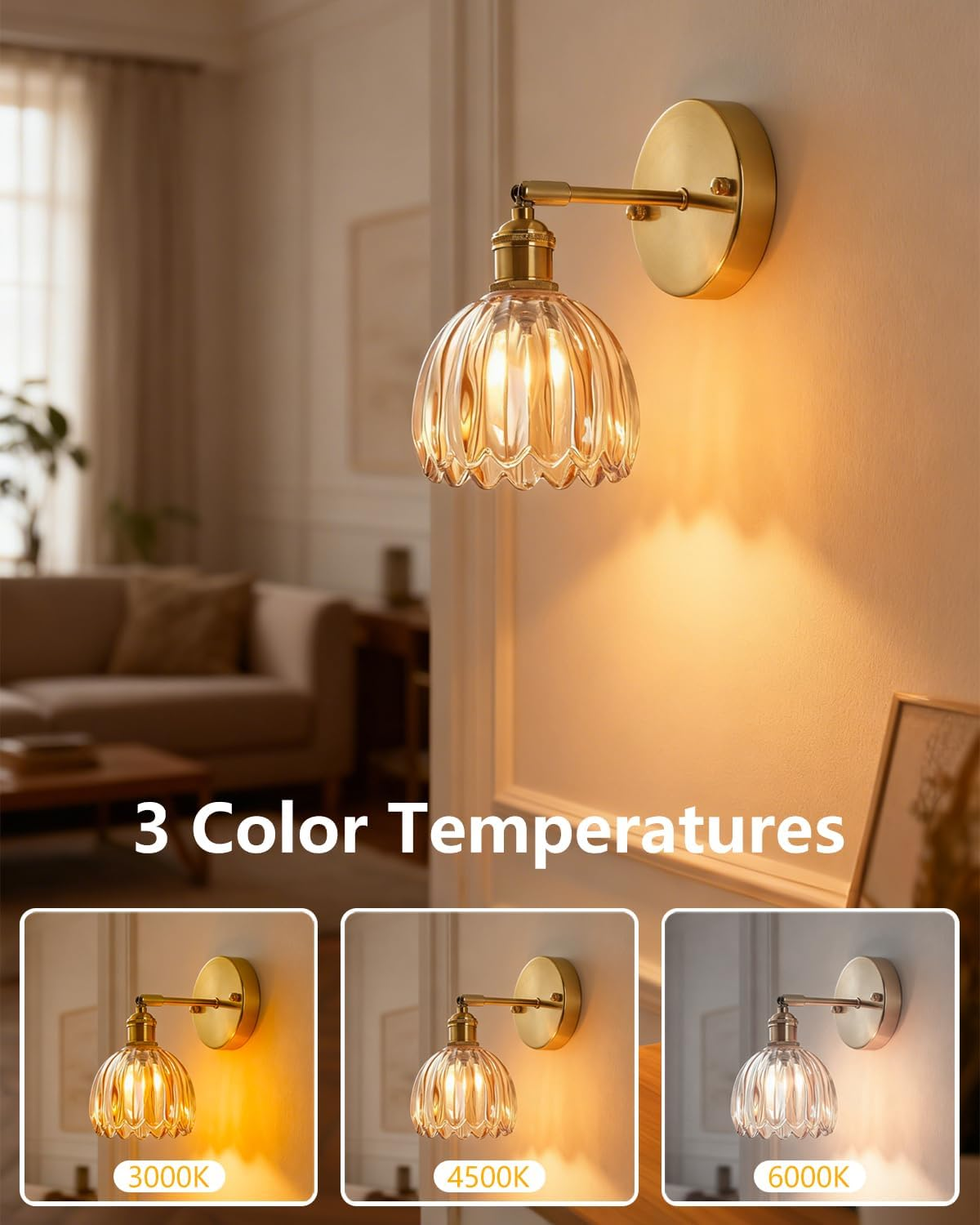Battery Operated Wall Sconce Set of 2, Vintage Gold Rechargeable Wall Lights with 6000Mah Dimmable Bulbs and Remote, 16 Colors Portable Lighting for Wall Painting, Living Room, Bedroom, Hallway image number 3
