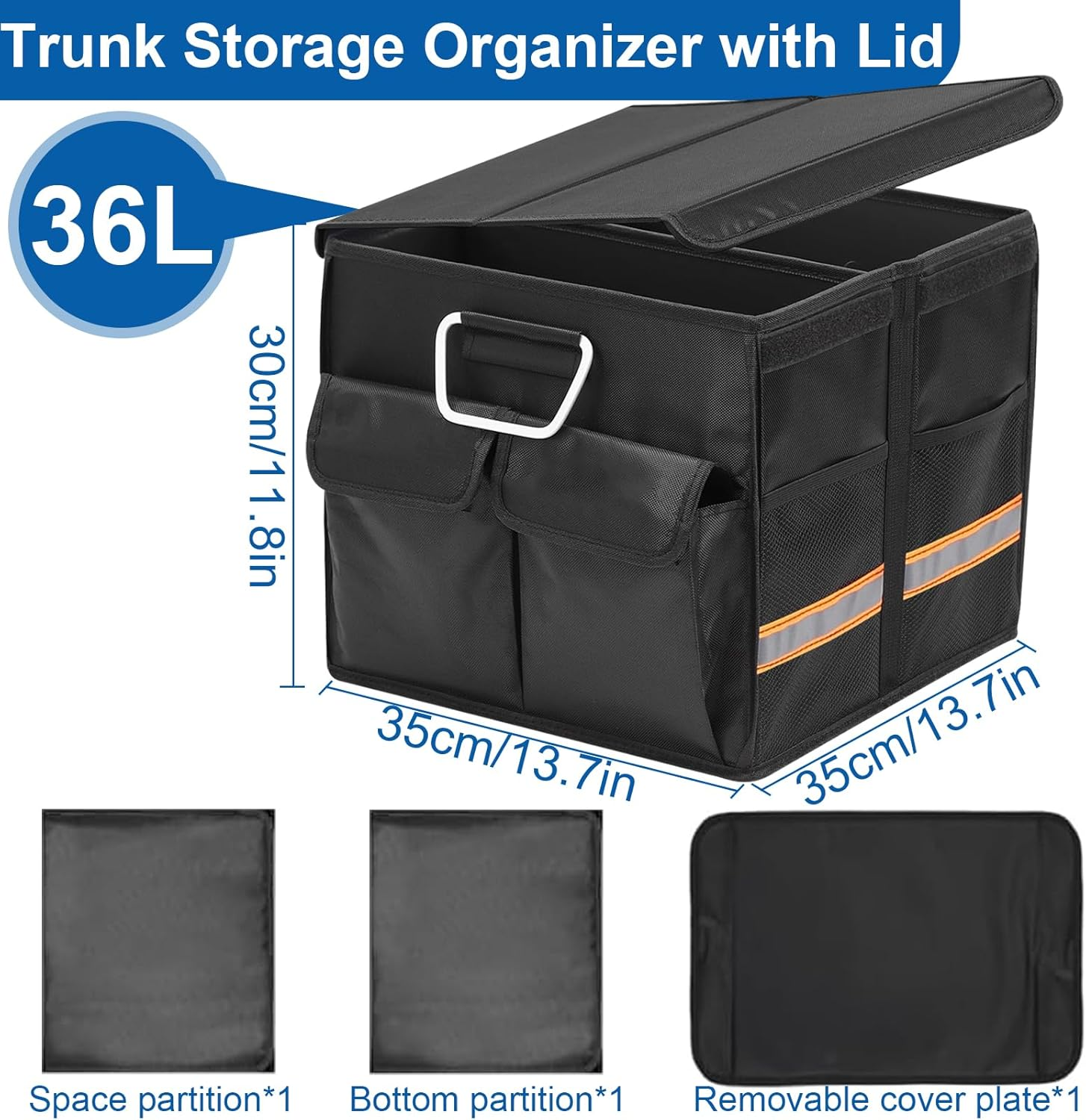 IEHOME Car Trunk Organizer, 36L Collapsible Multi Compartment Black SUV, RV, Car Organizer with Non Slip Base, Waterproof Bag & Reflective Strip image number 5