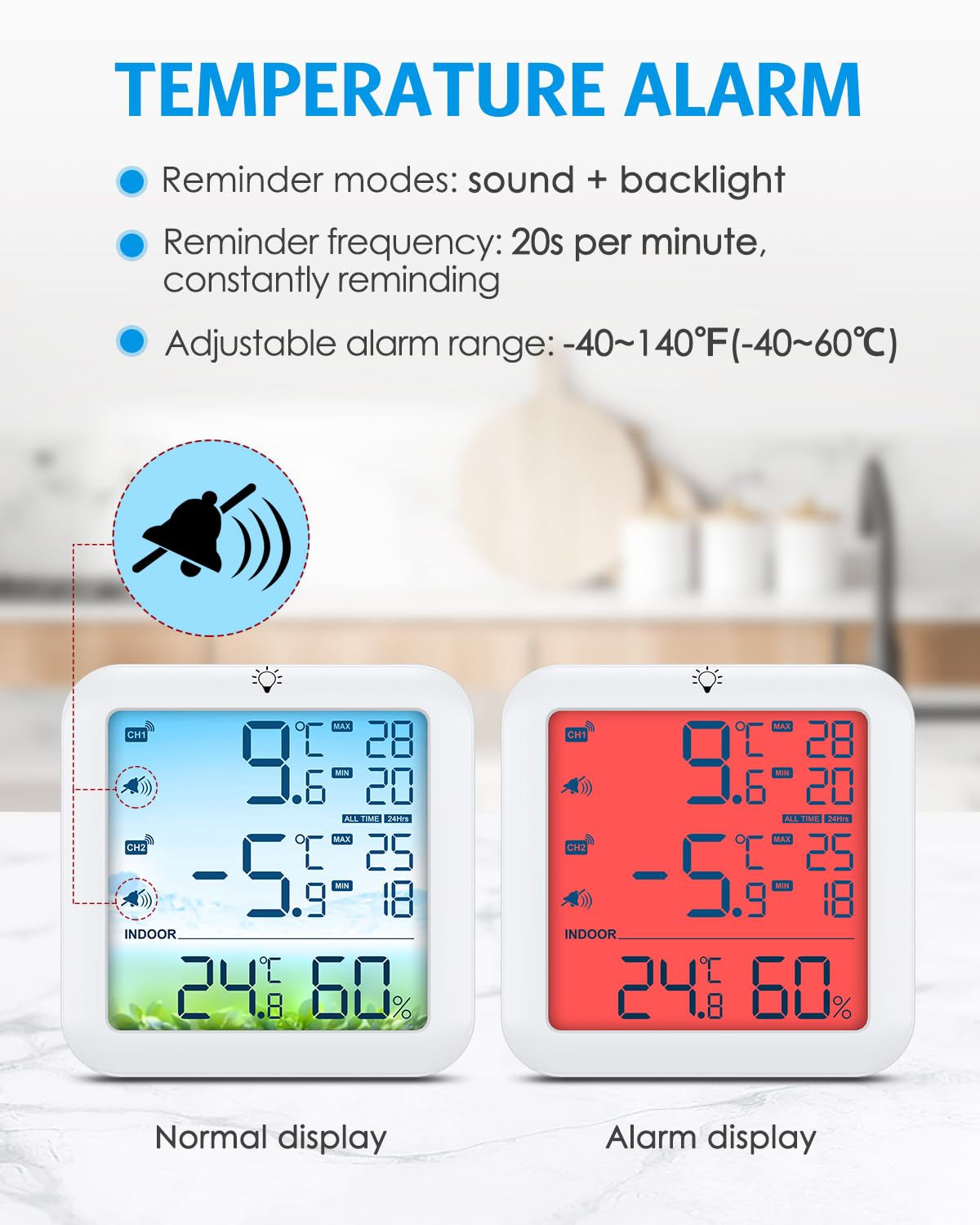 AMIR Wireless Fridge and Freezer Thermometer with Alarm, Max/Min Temperature Records Digital Refrigerator Thermometer, 328FT Remote Range, Magnetic & Stand Options for Kitchen Home Restaurant image number 3