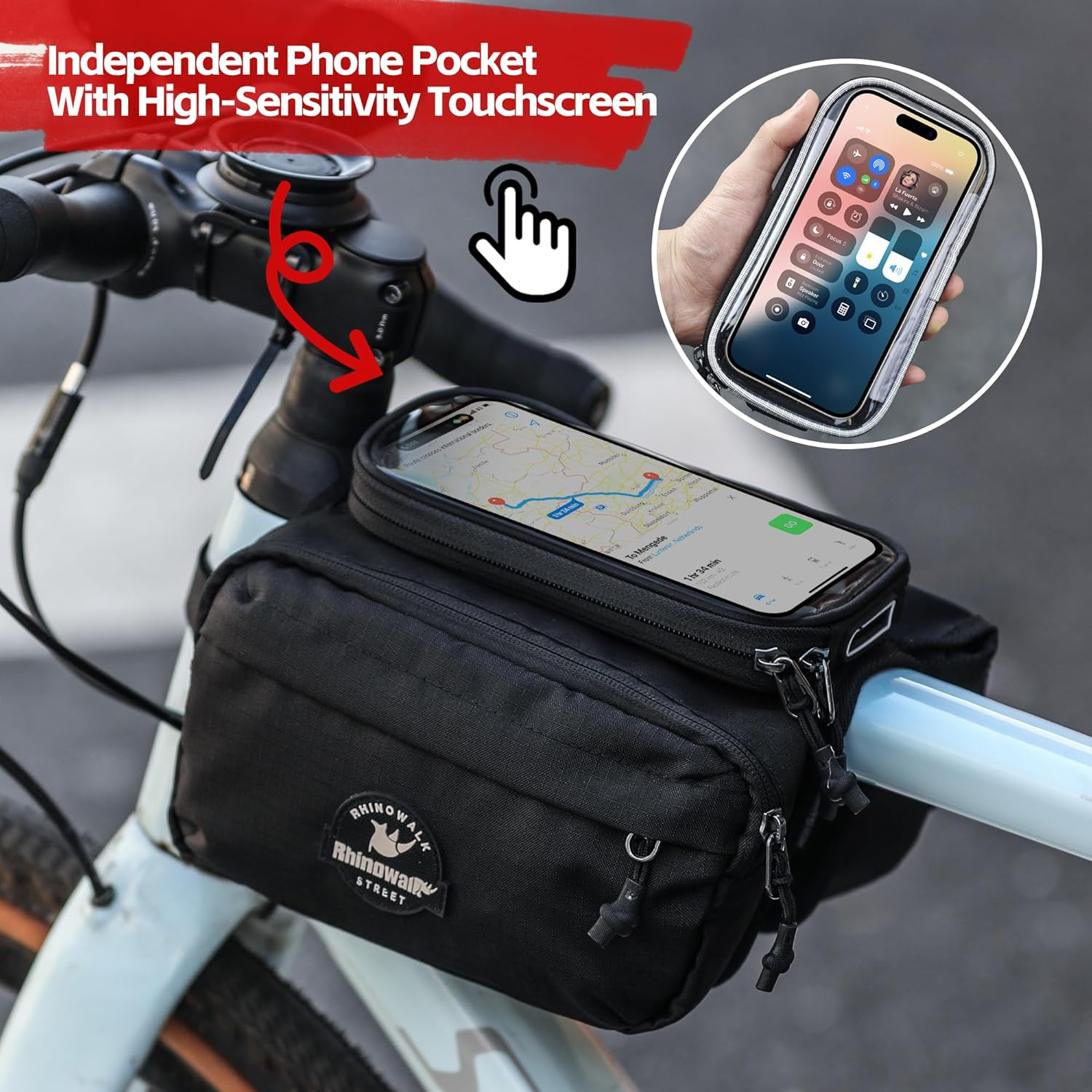 Rhinowalk Bike Front Frame Bag Bicycle Top Tube Frame Storage Waterproof Bicycle Handlebar Bag Fit Smartphone Professional Cycling Accessories-White - Black image number 3
