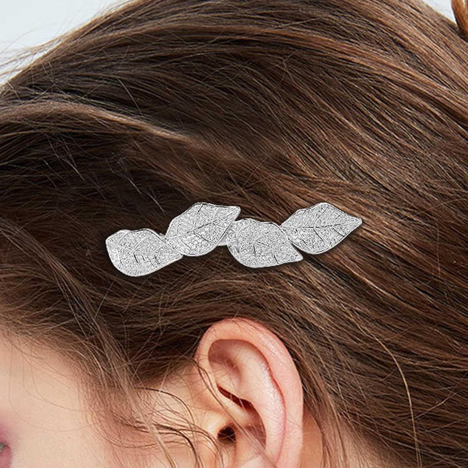 Wendalern Boho Rhinestone Leaf Hair Clip Crystal Leaf Cluster Hair Pin Barrette Silver Leaves Non-Slip Metal Geometric Hair Clips Wedding Headpiece Hair Styling Accessories for Women image number 2