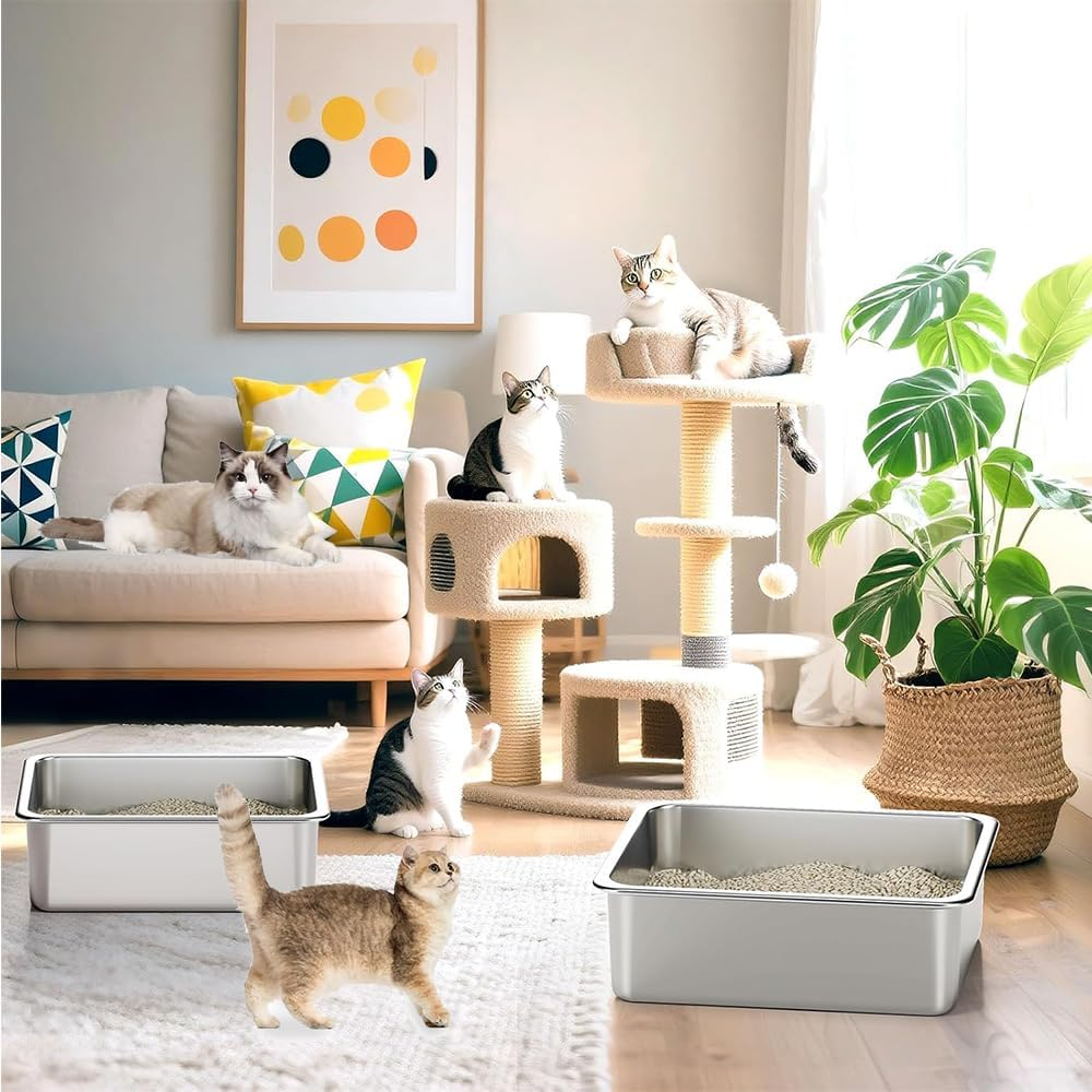 Stainless Steel Cat Litter Box,15.8 X 11.8 X 3.94 in Metal High-Sided Litter Pan, Non-Stick & Odor-Free, Easy to Clean Indoor Pet Toilet for Cats, Kittens & Rabbits image number 5