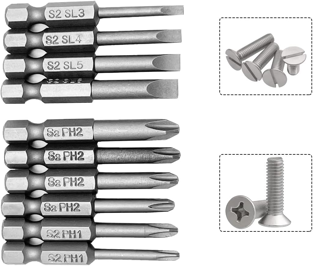 Saipe 10Pcs Magnetic Screwdriver Bit Sets 1/4 Inch Hex Shank Flat Slotted + Phillips Cross Head Screw Driver S2 Steel Drive Drill Bits for Electric Screwdrivers (2 Inch/50Mm Length)
