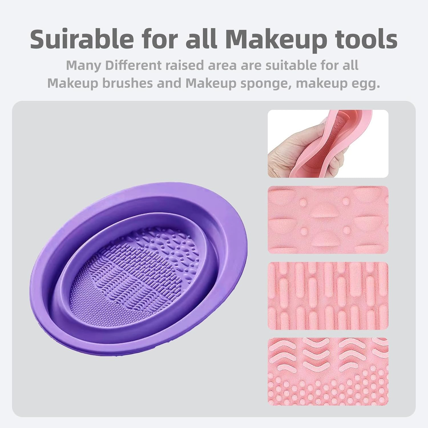 Hzqzaoan 2 Pcs Foldable Silicone Makeup Brush Cleaner Bowl, Makeup Brush Cleaning Mat Foldable Environmental Silicone Cleaning Bowl, Portable Cleaning Tool for Brushes/Puffs/Sponges (Purple + Pink) image number 1