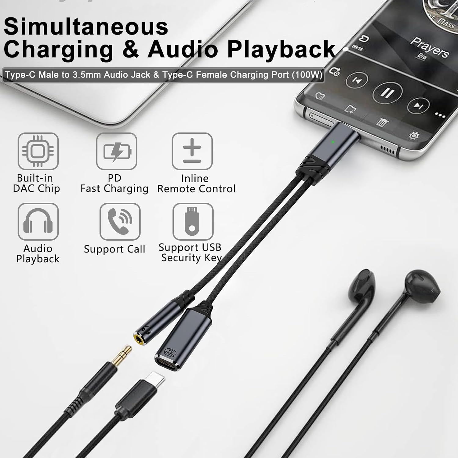 Usb C to 3.5Mm Audio Jack and Charger 2 in 1 USB C Headphone Adapter USB C to Aux with 100W PD Fast Charging Splitter Cable for Iphone 16/15 Pro/Max/Plus/Ipad 10 Pro for Samsung S24 S23 Google Pixel 9 image number 3