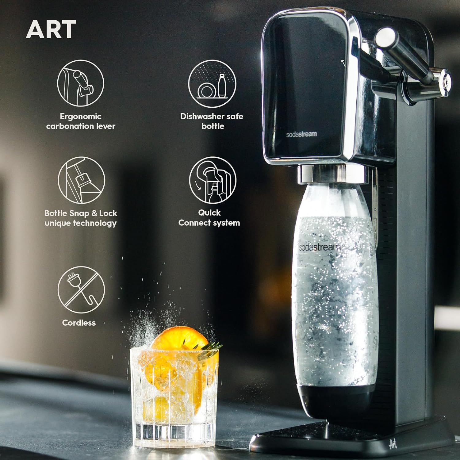 Sodastream - ART Black Sparkling Drink Maker | Quick Connect CO2 | Eco-Friendly Reusable Bottle | Stylish Kitchen Appliance image number 2