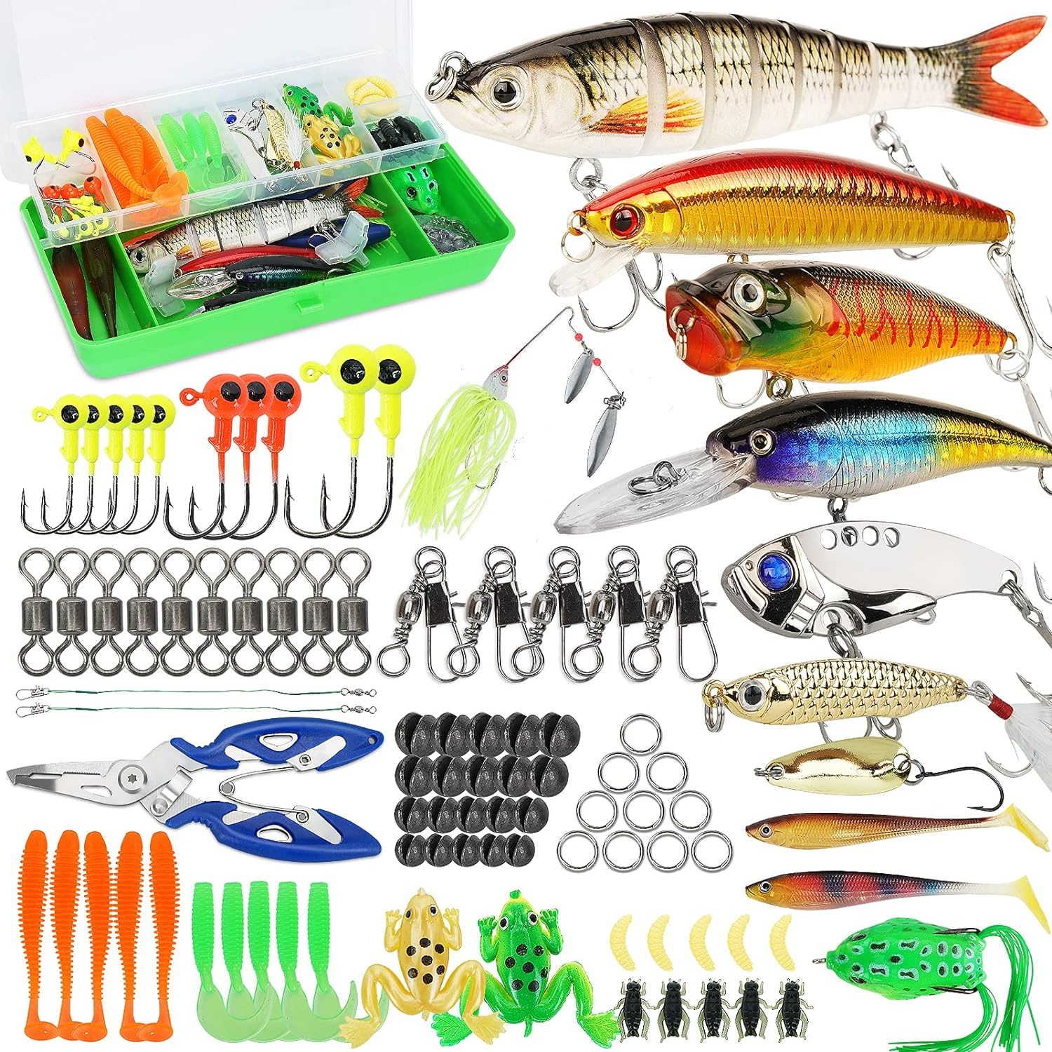 Fishing Lures Tackle Box Bass Fishing Kit Including Animated Lure,Crankbaits,Spinnerbaits,Soft Plastic Worms, Jigs,Topwater Lures,Hooks,Saltwater & Freshwater Fishing Gear Kit for Bass,Trout, Salmon.