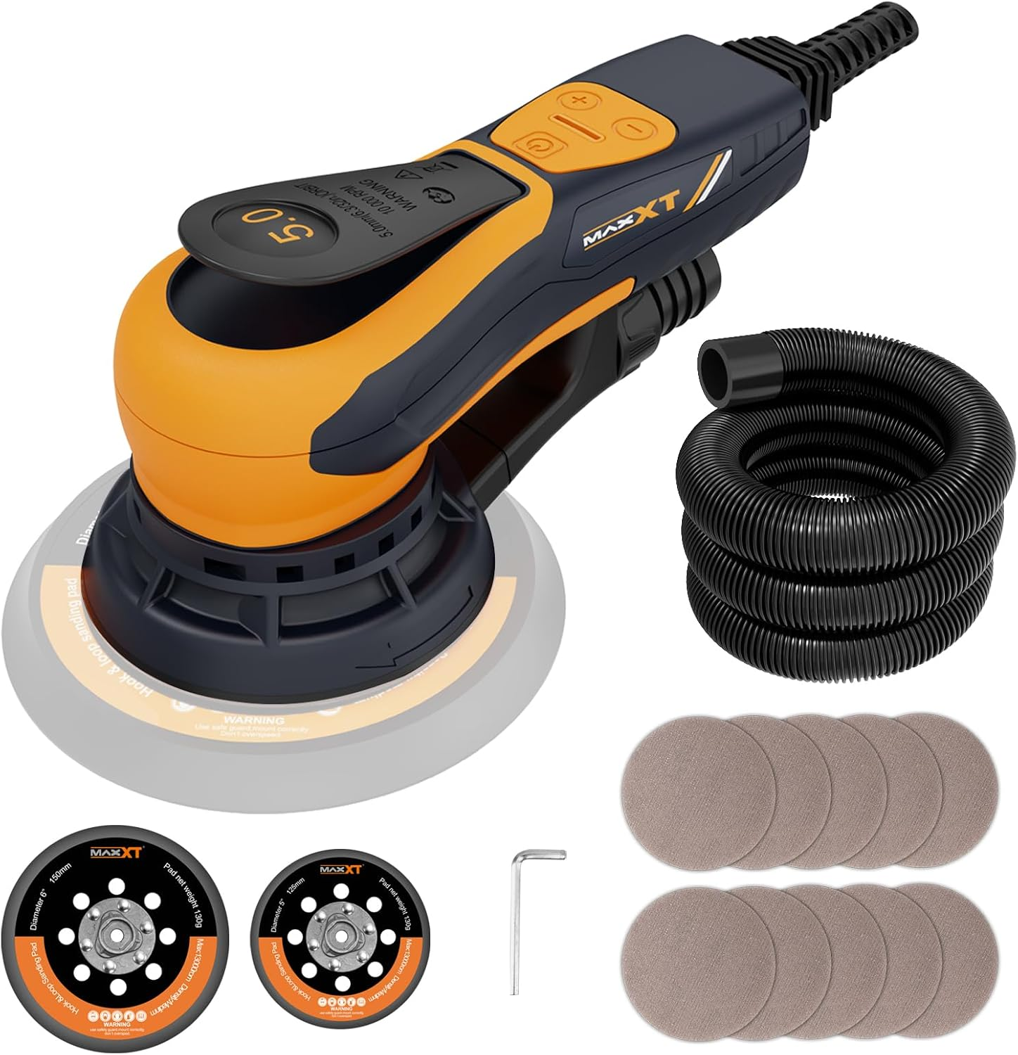 MAXXT 5Mm Orbit Random Orbital Sander - Electric Palm Sander with Brushless Motor, 5 & 6 Inch Sanding Pads, Central Vacuum - Ideal for Woodworking, Wood & Panel Processing (Orange)