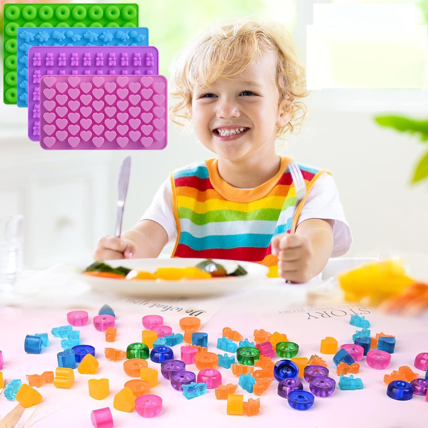 Gummy Bear Mold, WADY 4Pcs Gummy Bear Candy Molds Silicone,Gummy Molds with 4 Droppers,Non-Stick Silicone Candy Molds Including Mini Dinosaur,Bear Shape,Hearts and Mini Donut Forjelly,Candy, Chocolate image number 1