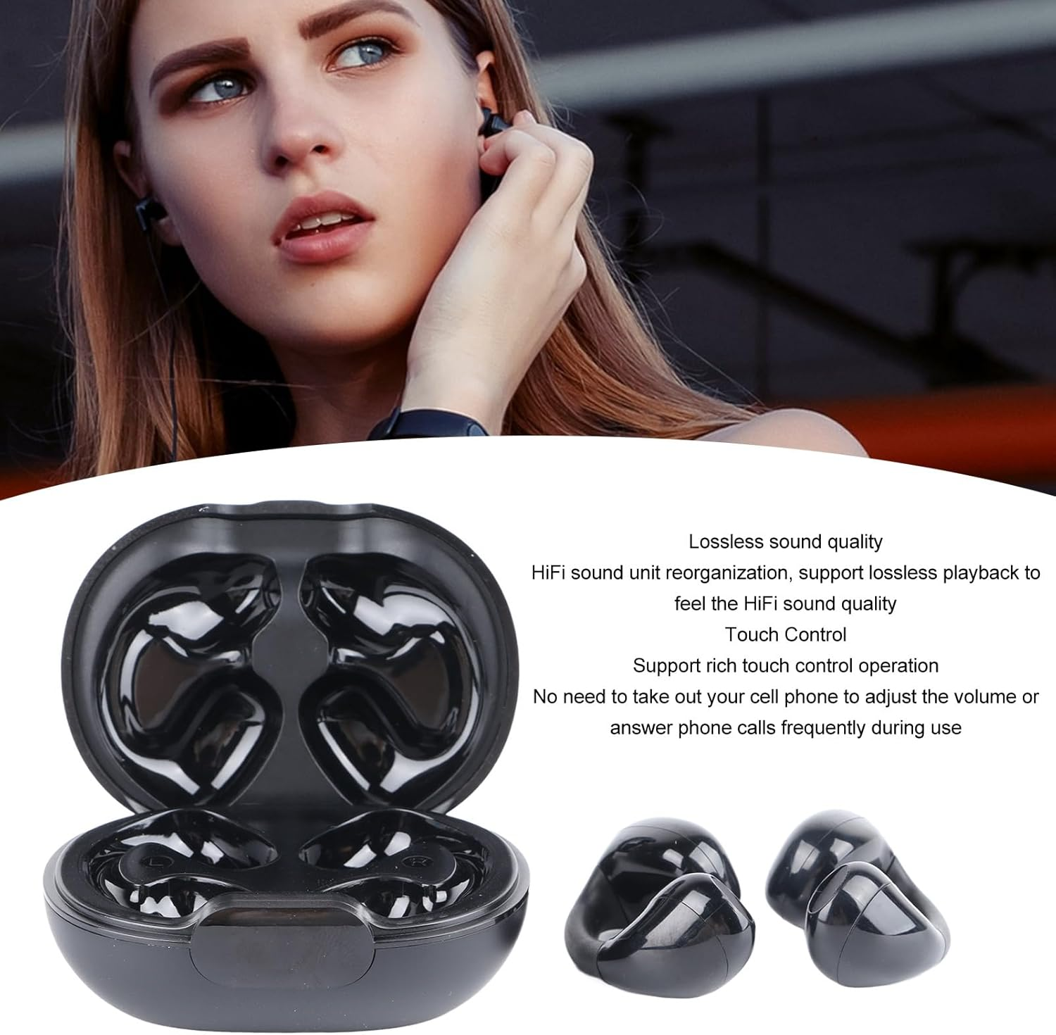 Clip-On 5.3 Earphones, Hifi Stereo, Open Ear, Wireless, Sports Business, Bone Conduction, Touch Control (Black) image number 6