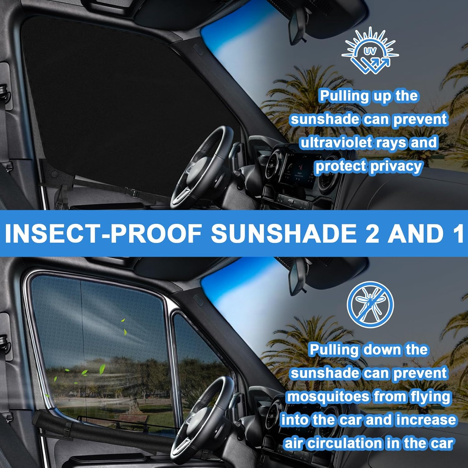 Federedevo Double Layers Side Window Sunshade Magnetic Bug Screen for Front Doors, Pair Window Bug Screen & Sunshade Curtain Compatible with Mercedes Sprinter 2007-2025 image number 5