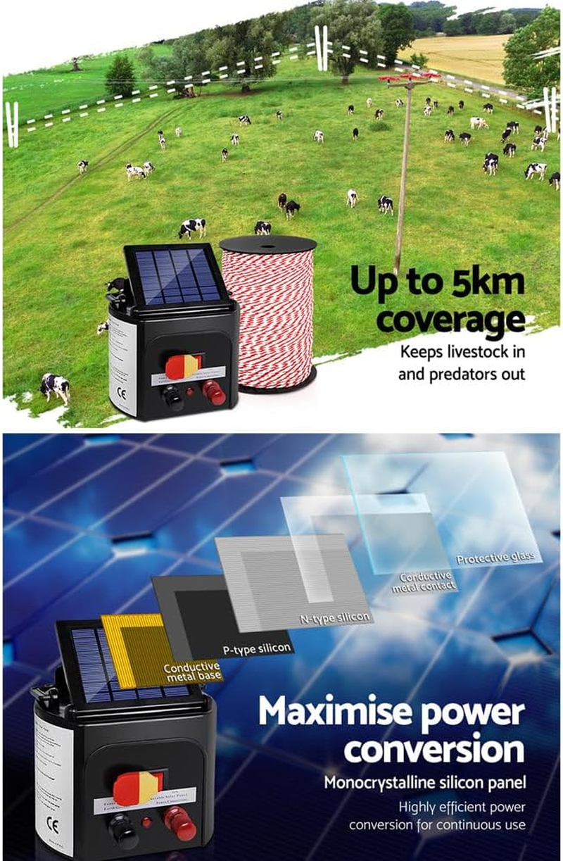 Giantz Fence Energiser 5Km Solar Energizer Charger Electric Wire, Fencing Equipment, 0.15J Discharge Energy Lead Sealed Battery Panel 500M Polyrope 4Mm Width image number 6