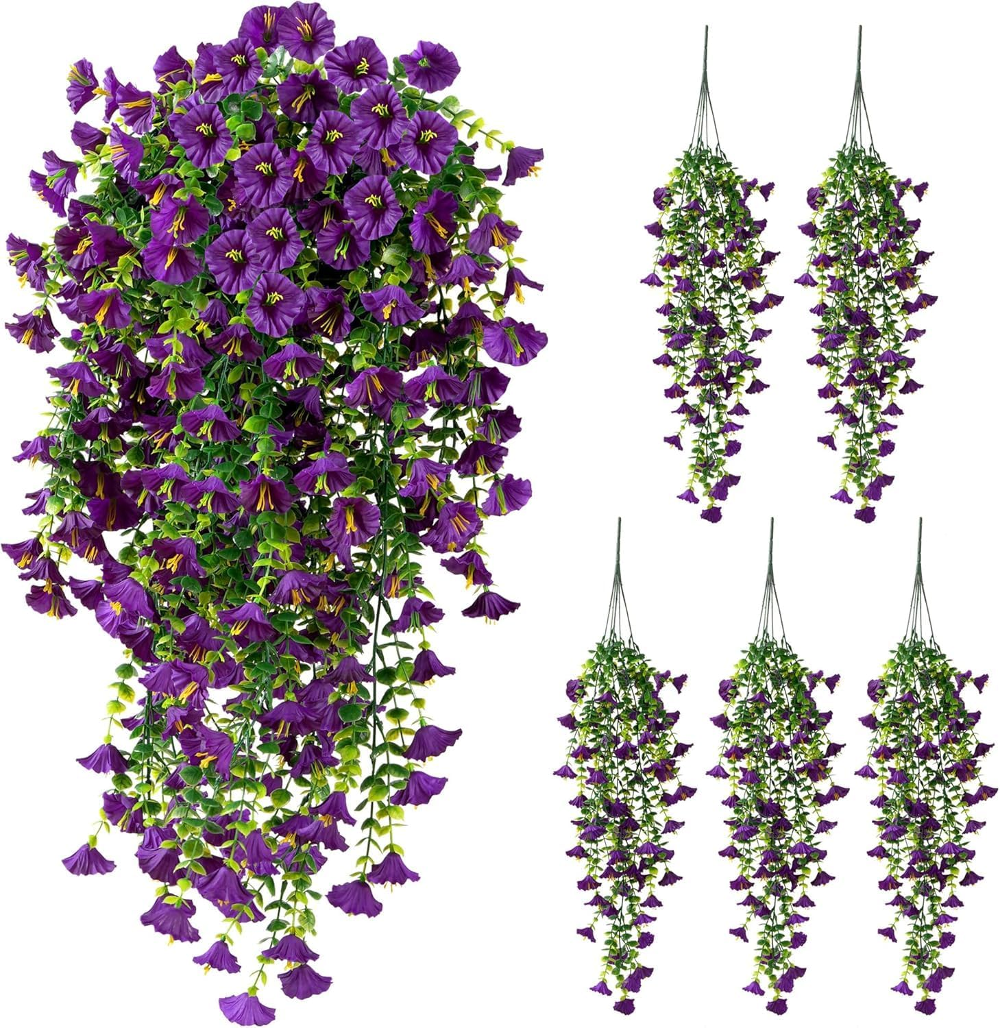 Artificial Hanging Flowers for Outdoors, 5Pcs UV Resistant Faux Petunias, Realistic Fake Silk Long Vines Morning Glory Eucalyptus for outside Indoor Planter Porch Patio Home Decor (Purple)