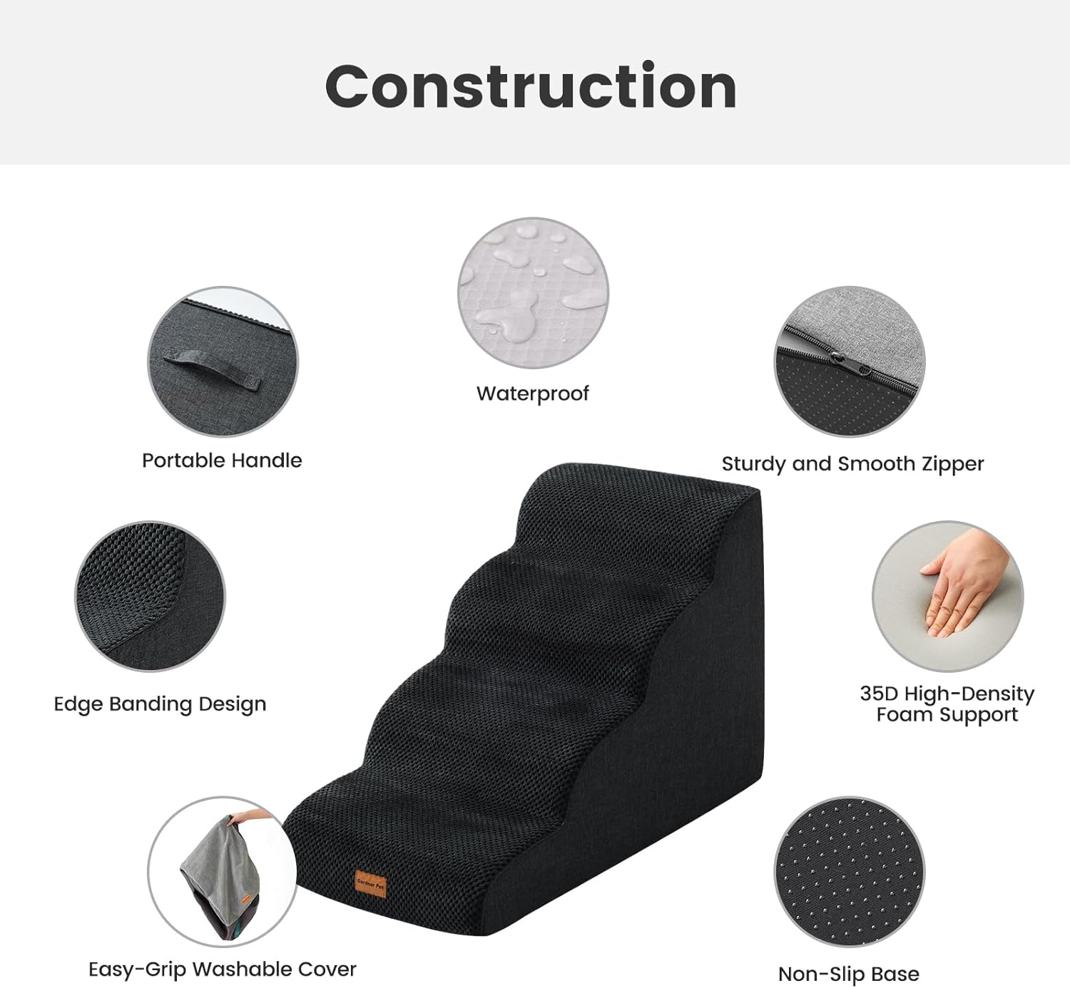 Gardner Pet Dog Stairs for Small Dogs 19.7" H, 4-Step Black Curved Pet Stairs, Dog Steps for High Bed (18-24 In), Couch with Durable Non-Slip Waterproof Fabric Cover and Certipur-Us Certified Foam