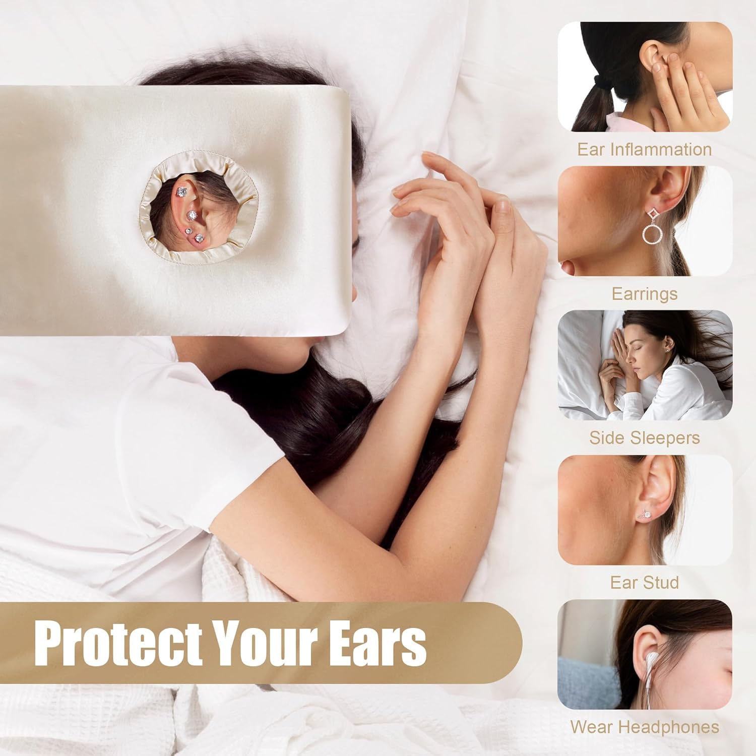 MABOZOO Silky Satin Ear Piercing Pillow, Ear Pillow with Ear Hole for Side Sleepers, Ear Guard Pillow for Ear Piercing, Reduce Discomfort, Inflammation Protection, Reduces Ear Pressure(Champagne) image number 1