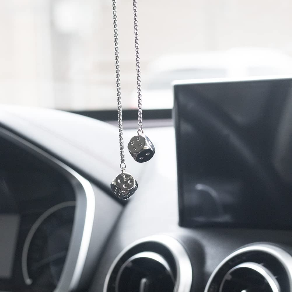 Creative Hanging Dice with Dots Car Metal Pendant Rear View Mirrors Charms Ornament (Silver) - Multi Color image number 4