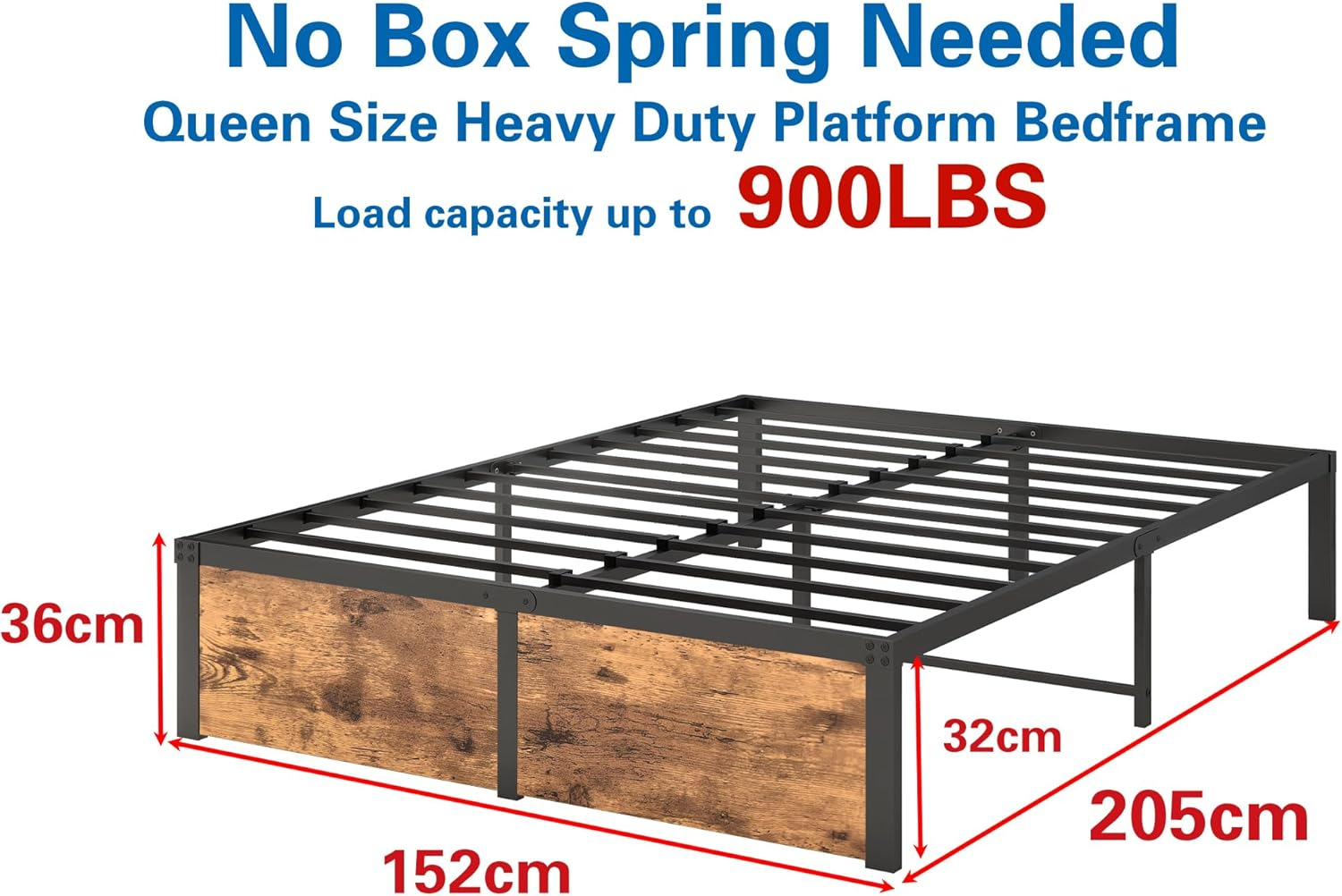 VERFARM Queen Size Bed Frames with Vintage Wood Footboard, Heavy Duty Metal Platform Bed Frame Queen, No Box Spring Needed, Easy Assembly, Rustic Brown