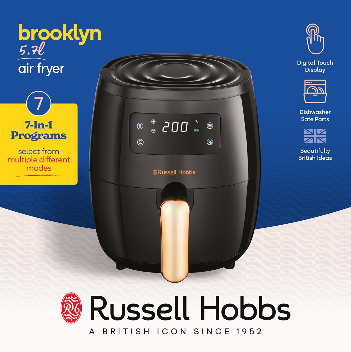 Russell Hobbs Brooklyn Air Fryer, RHAF57, 5.7L, 7 Auto Air Fry Functions, Digital Touch Screen & Display, Removable Crisping Plate, Convenient Carry Handle, Black image number 4