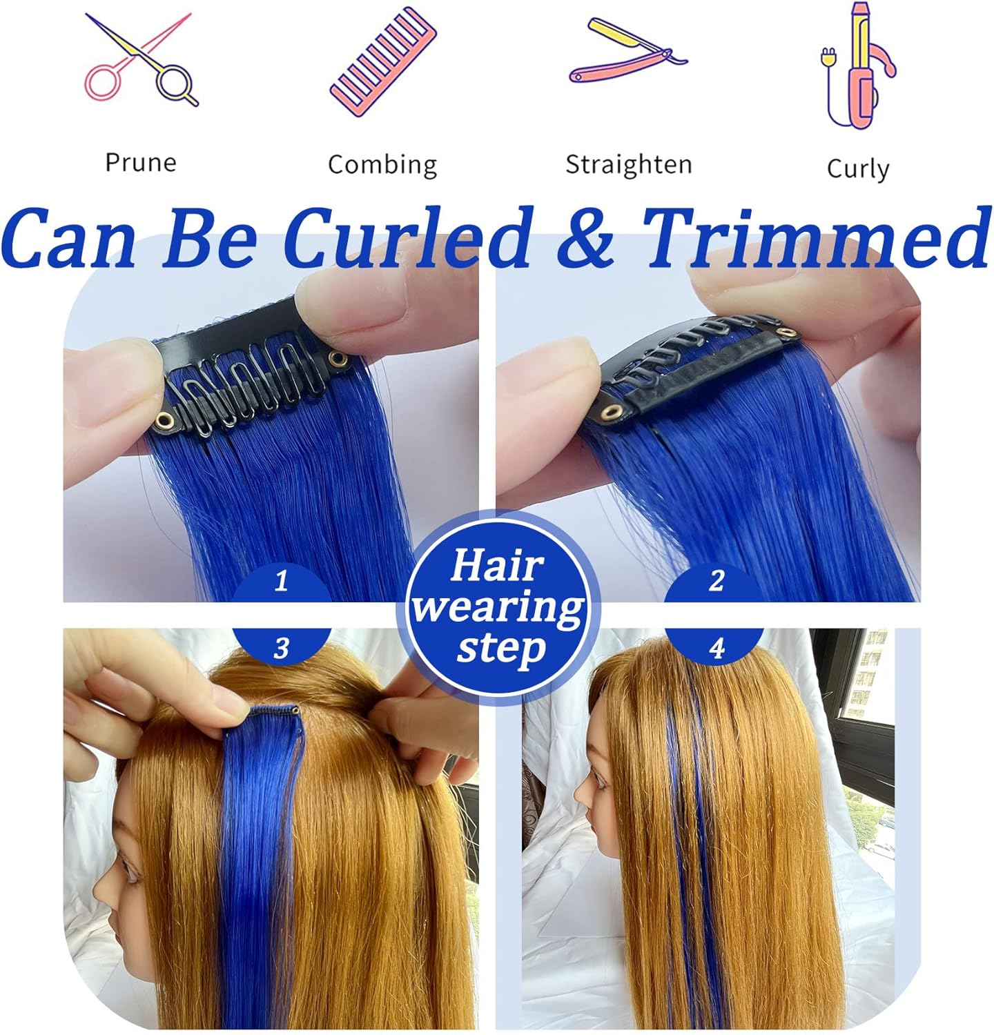 Rhyme 9PCS 21" Colored Clip in Hair Extensions Blue Hair Extensions for Women Girls Hair Clips Party Highlights Hair Accessories (Blue) image number 3