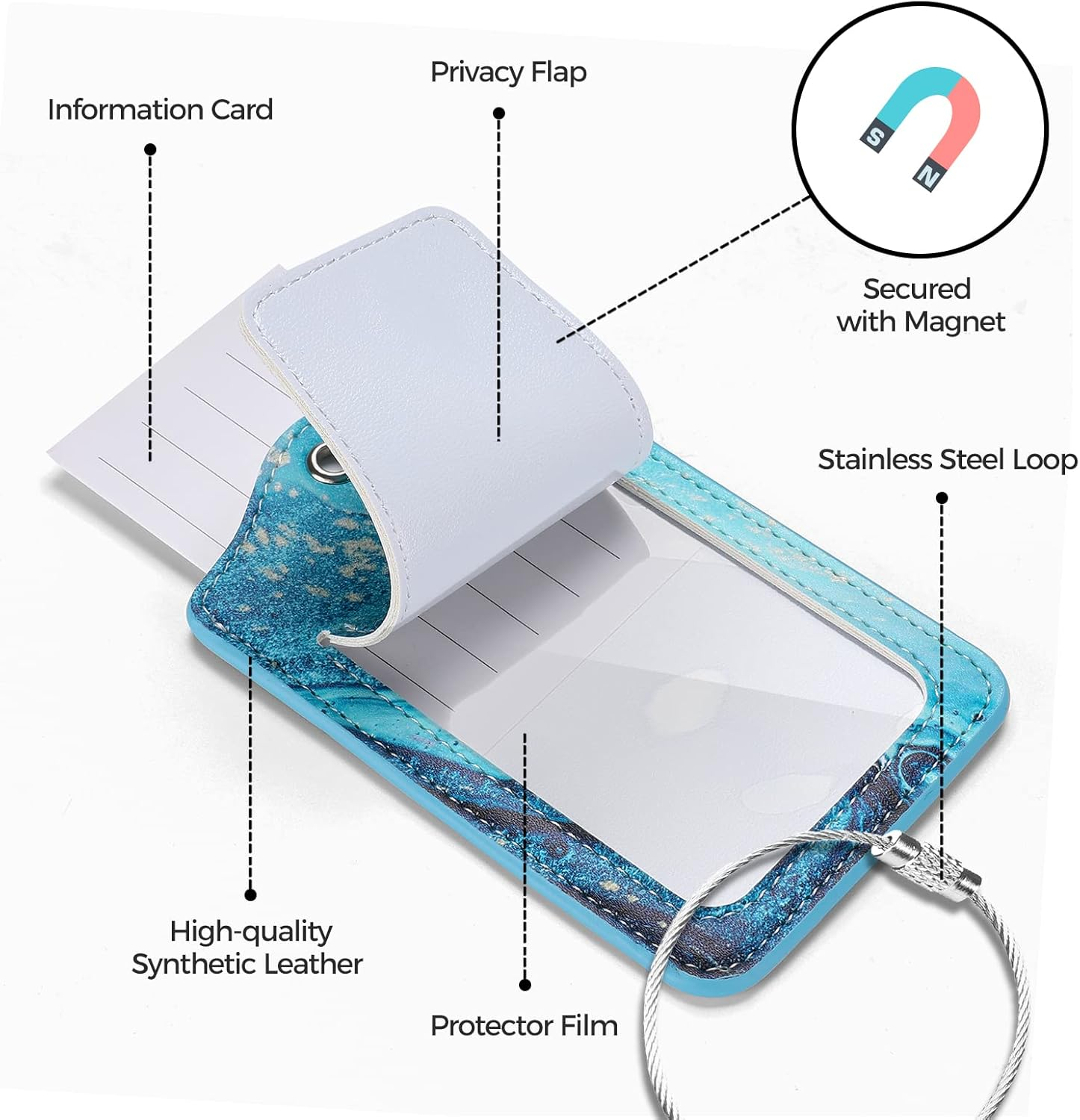 JOTO 2 Pcs Luggage Tags with Name ID Card and Stainless Steel Loop, Leather Luggage Labels Hard Wearing Suitcase Tags for Quickly Spot Your Travel Luggage Suitcase Bag -Blue Sandy Wave image number 4