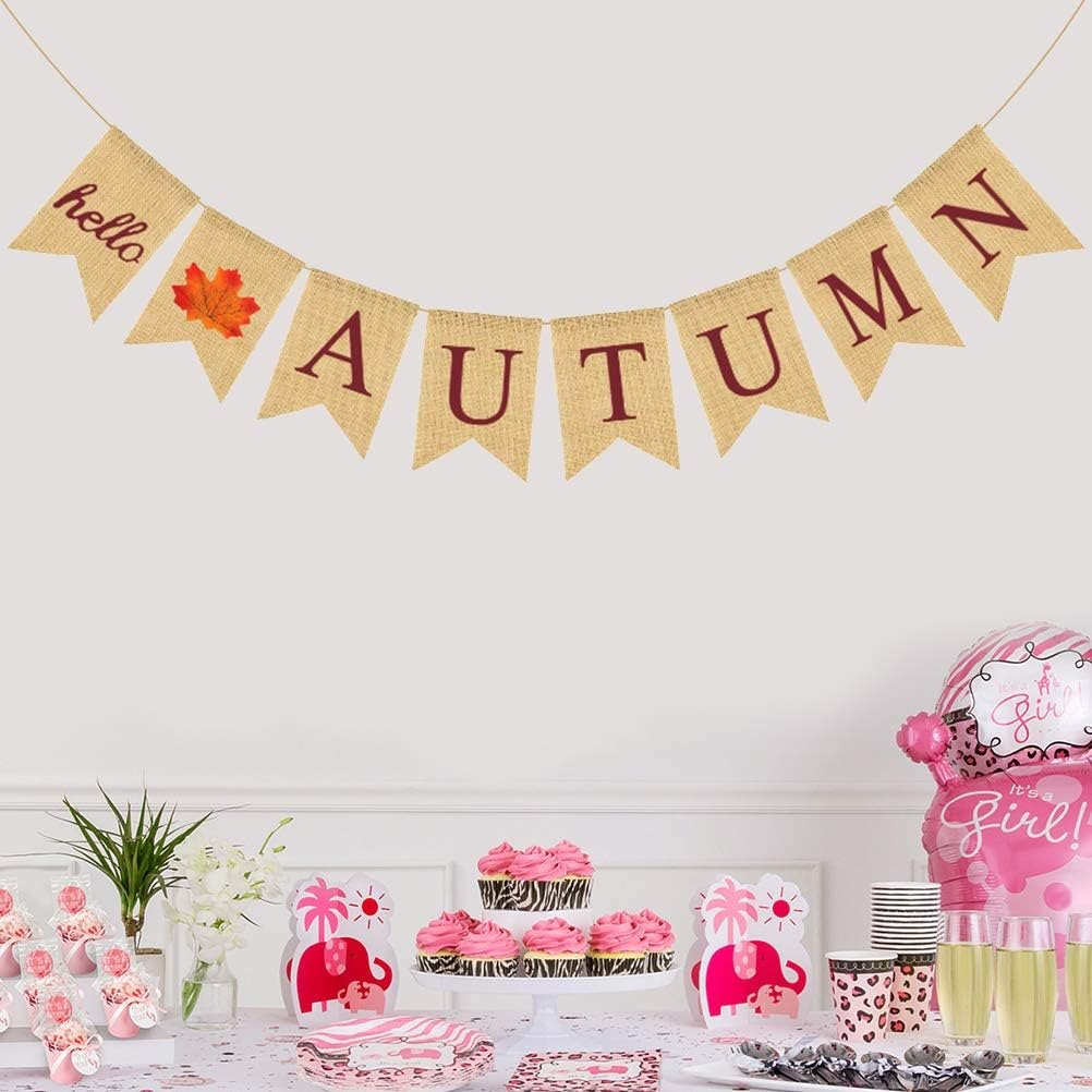 Weforu HELLO AUTUMN Burlap Banner Linen Garland Hanging Banner Bunting for Party Autumn Decorations image number 4