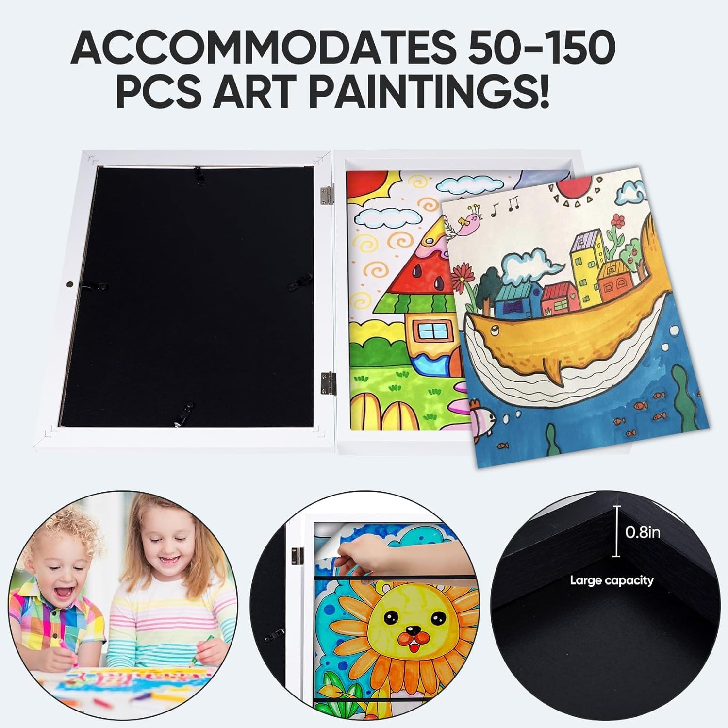 A4 Kids Art Frames 4 Pack Kids Artwork Flip Frame Changeable for Picture Display, Children School Drawing Projects Storage, Horizontally Vertically Wall Hanging, Storage A4 120 Pictures (White) image number 1