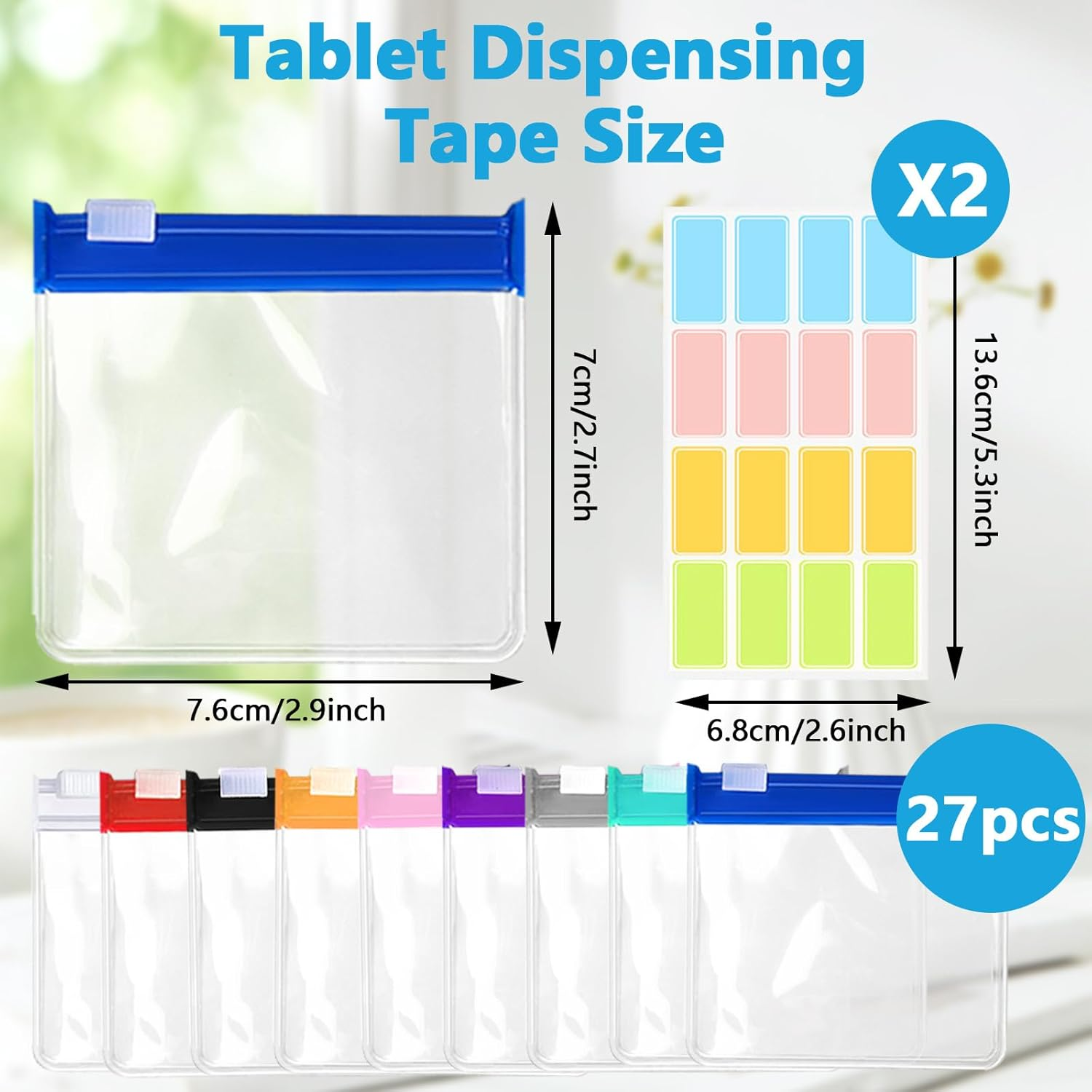 29 Pcs Reusable Zippered Pill Pouch Set, Small Portable Baggies, 27 Plastic Pouches with 32 Labels, Medicine Organizer for Small Items Storage (Colorful)