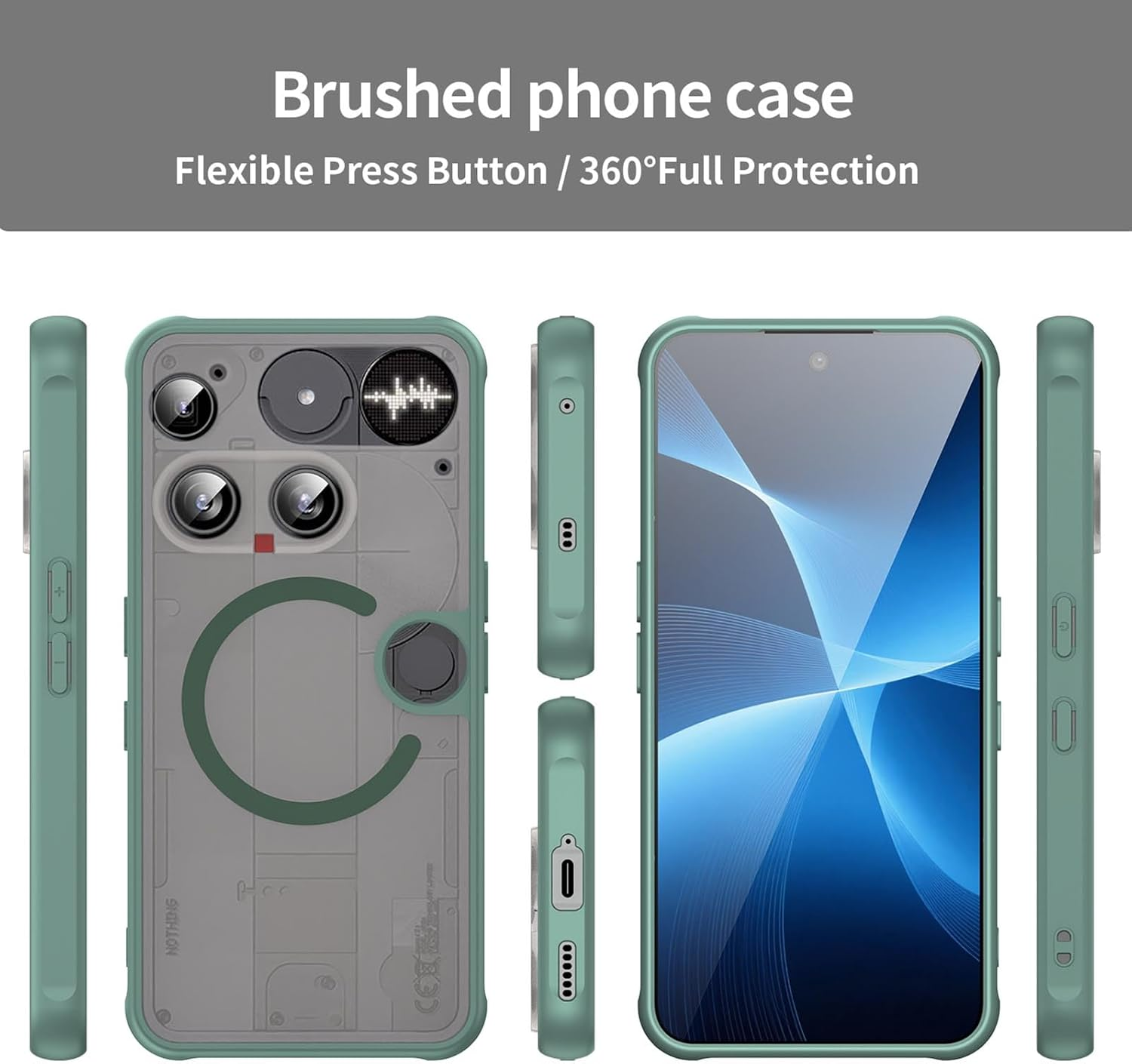 ILING Case for Nothing Phone (3), Compatible with Magnetic Charging, Ultra-Thin Translucent Matte Frosted Silky Touch Hard PC Silicone TPU Bumper Shockproof Cover (Green) - Black image number 3