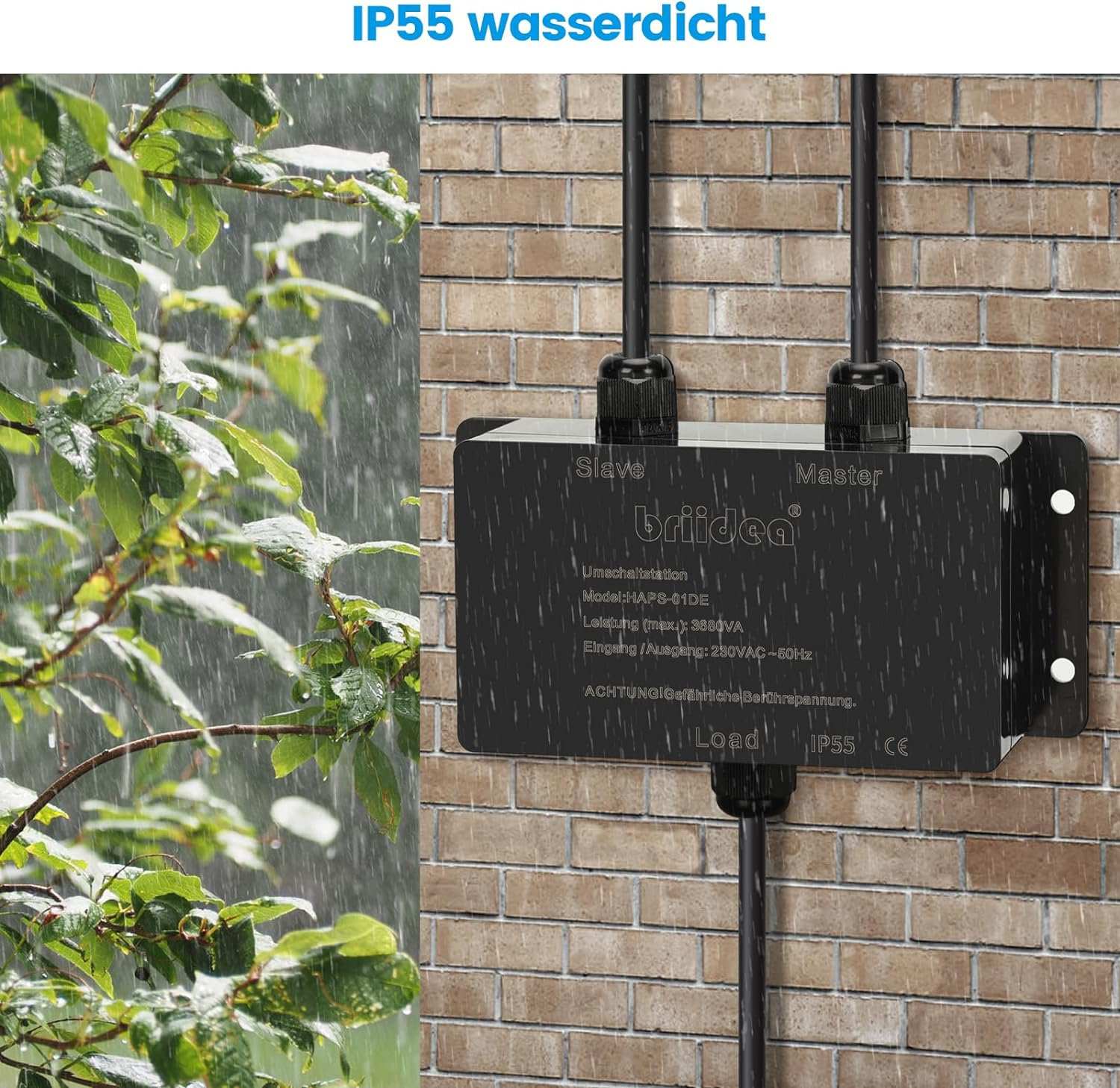 HAPS-01DE-B Switching Station for Mains Priority Switching Briidea Mains Priority Switch Motorhome 16 a 230 V, Switching Station 16 a for Camping Shore Power Inverter, Car, Boat, Outdoor, Solar, Black