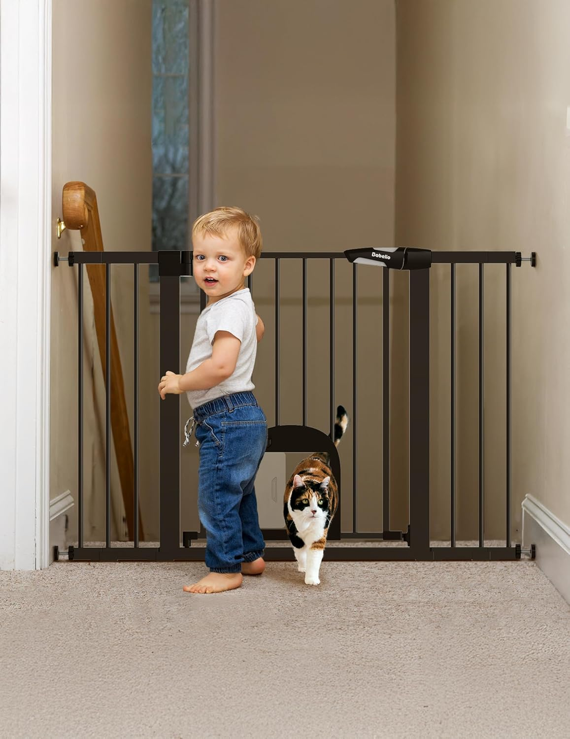 Babelio Upgraded Baby Gate with Cat Door, 73.7-109 CM Auto Close Durable Dog Gate for Stairs, Doorways and House, Easy Walk Thru Safety Gate with Pet Door Includes 4 Wall Cups, White