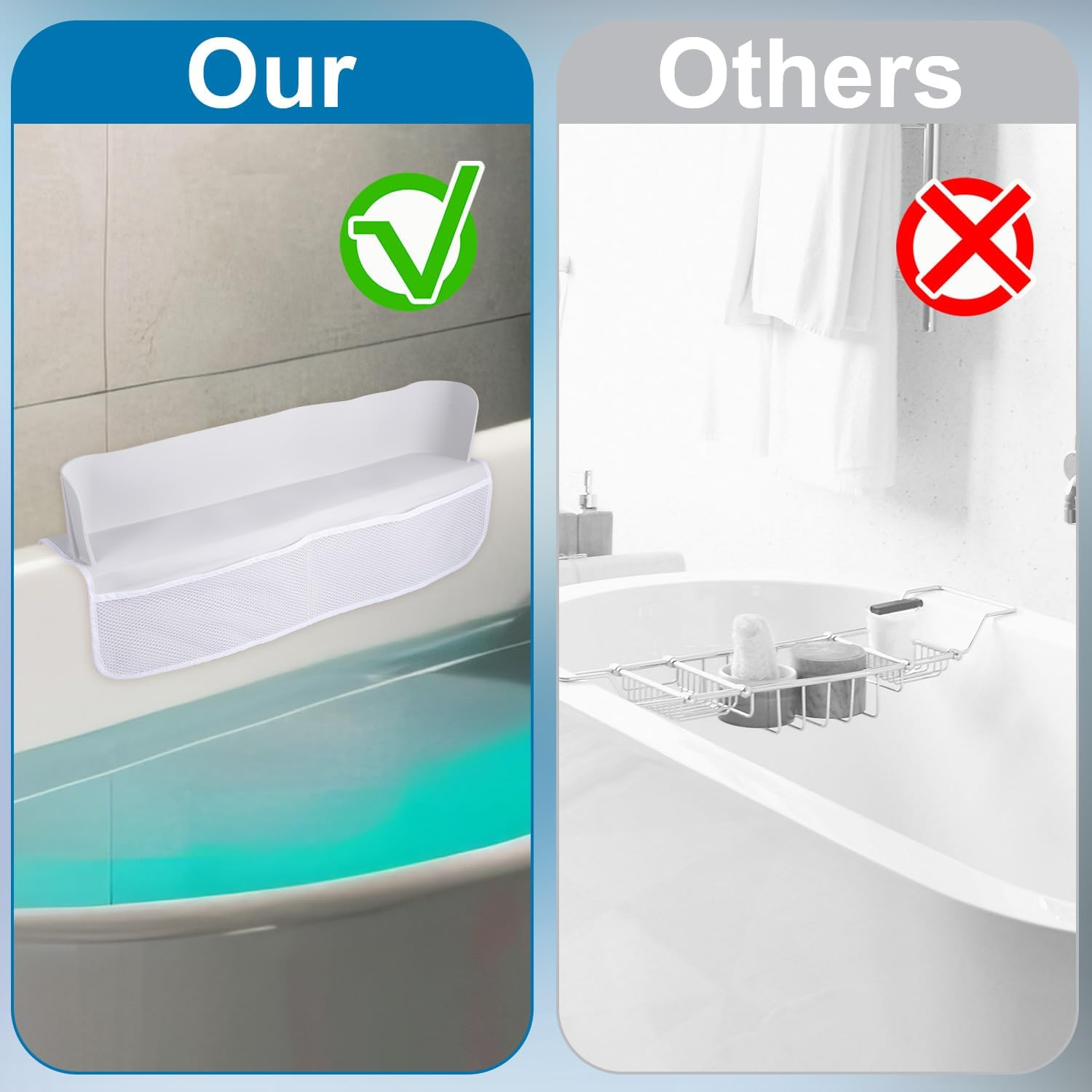 Bathtub Toy Shelf Splash Guard, Splash Protection Play Toy Holder Storage Tray with 4 Mesh Pocket Bag & 8 Suction Cup Super Adsorption, Bath Tub Topper Shelf Organizer for Children Baby Toddler image number 1