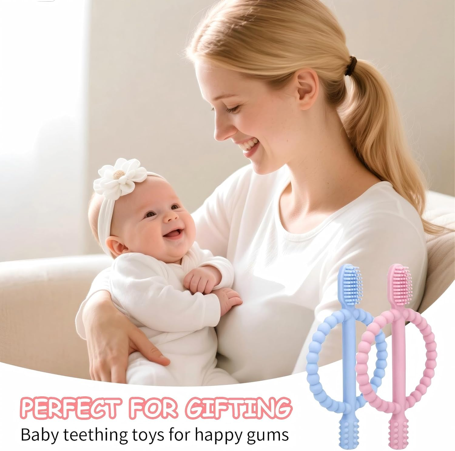 2 Pack Baby Teething Toys, Silicone Infant Toothbrush, Textured on Both Sides Helps Massage, Soothe Sore Gums, Baby Chew Toys for Sucking Needs, Teething Toys for Babies 6 + Months (Blue & Pink)