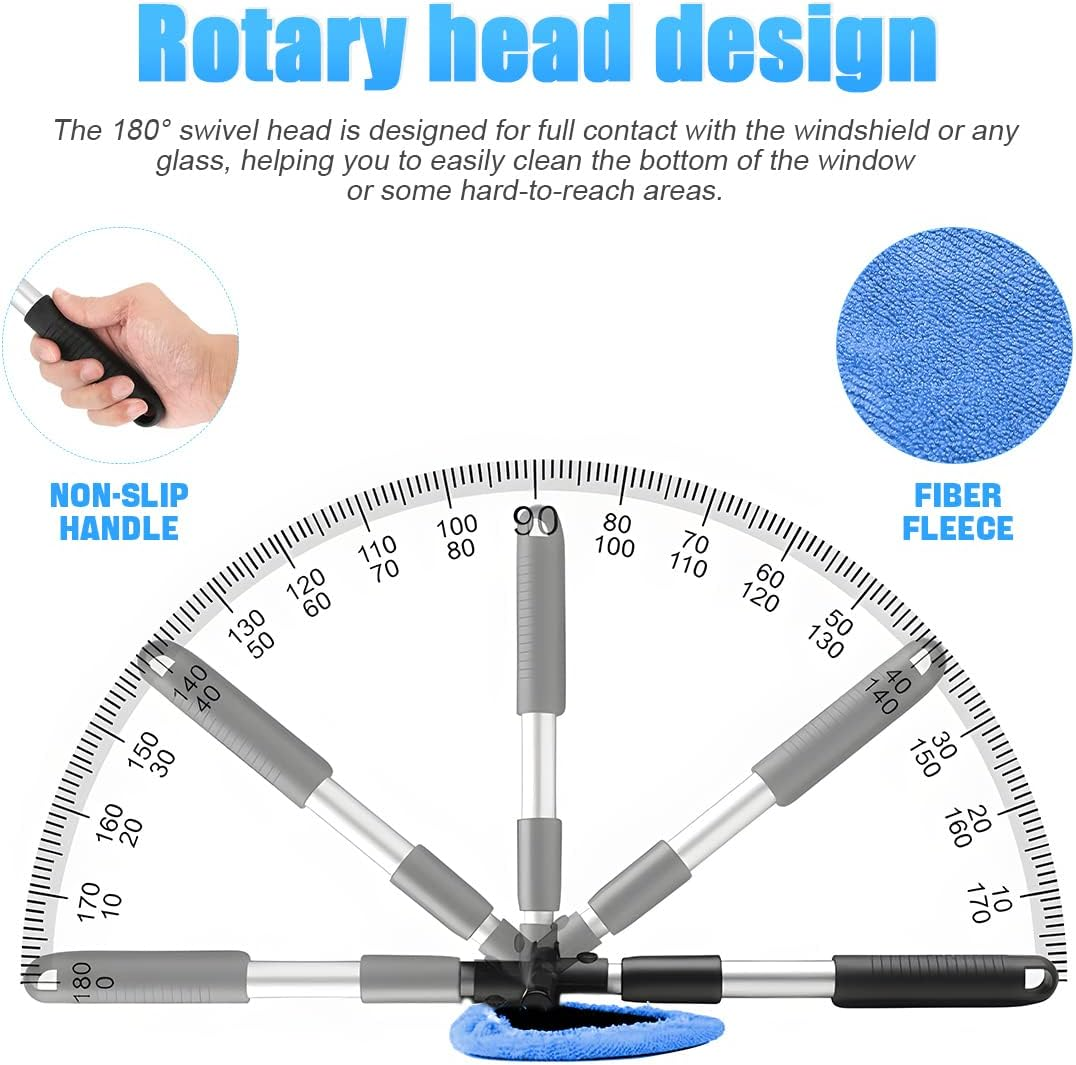 Windshield Cleaning Tool, Car Window Cleaner with Extendable Long Handle and 4 Washable Reusable Microfiber Pads, Auto Interior Exterior Glass Wiper Cleaning Kit Universal for Office and Home (Blue) image number 6