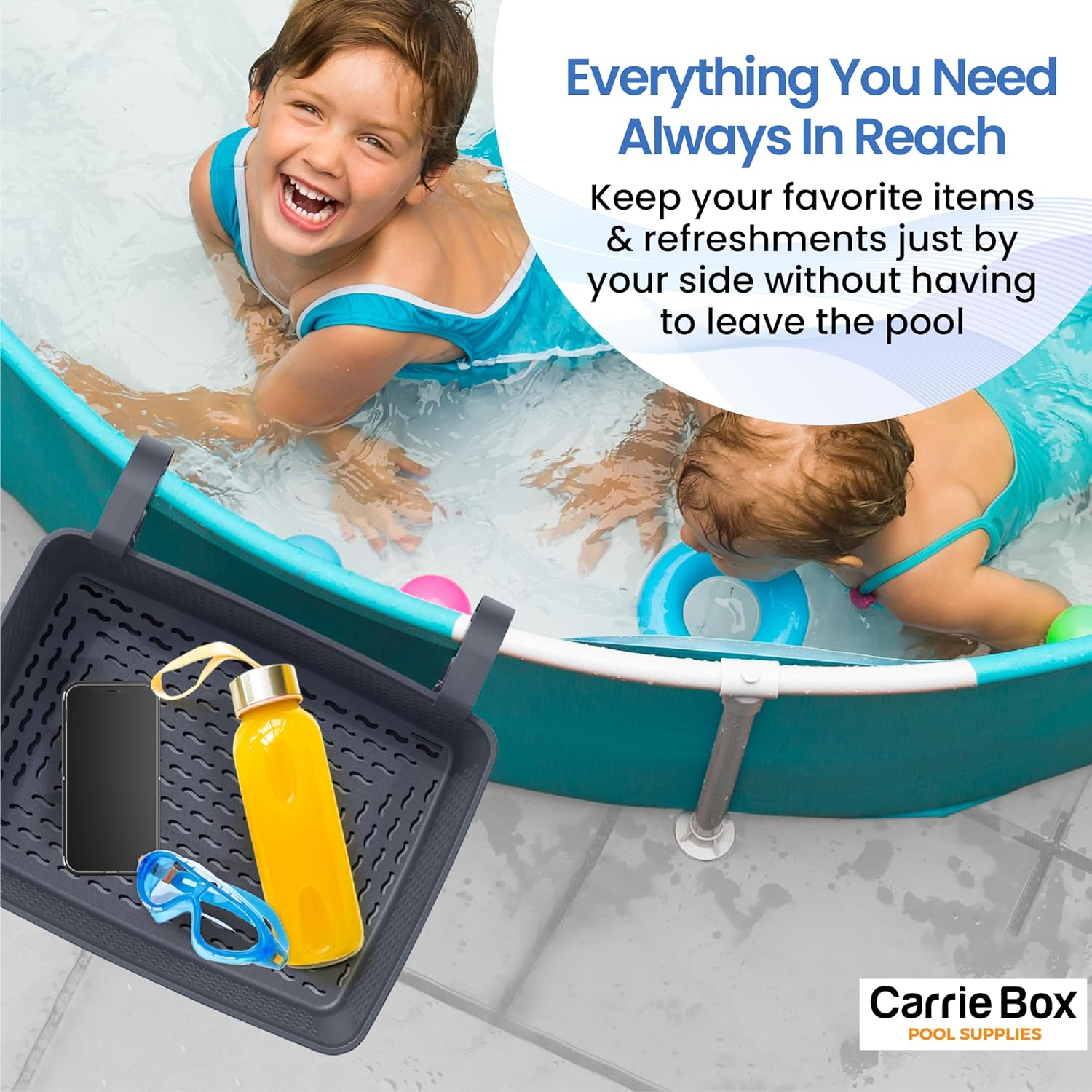 Carrie Box Poolside Storage Basket, Recycled Plastic, Pool Cup Holder, above Ground Accessories, for Most Frame Pools, Europe Made, Fits 2.3 Inch or Less Top Bar Charcoal - Blue image number 4