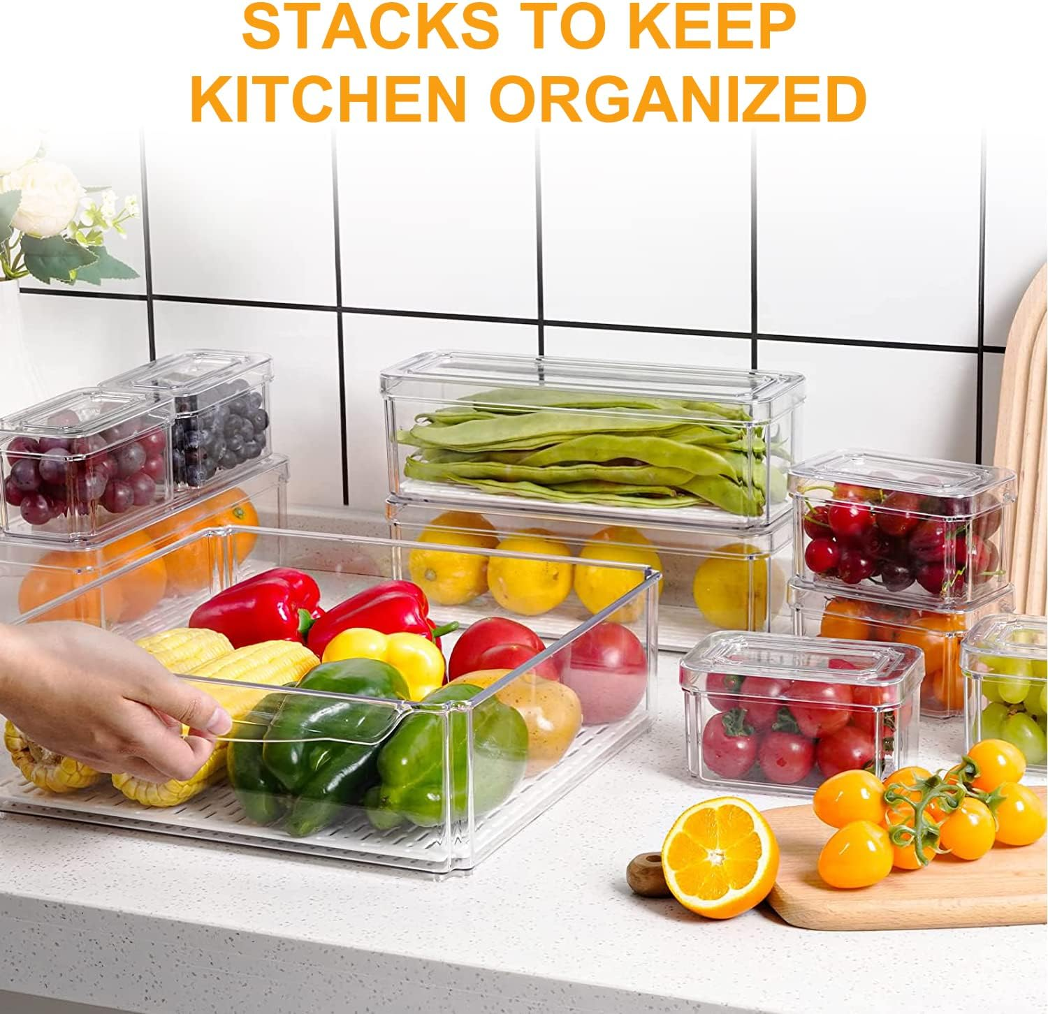 BY for Kitchen & Home 10 Pack Fridge Organizer Bins, Clear Stackable Refrigerator Storage with Lids and Removable Drain Tray, Pantry Storage Containers for Fruit, Food, Vegetable, Bpa-Free
