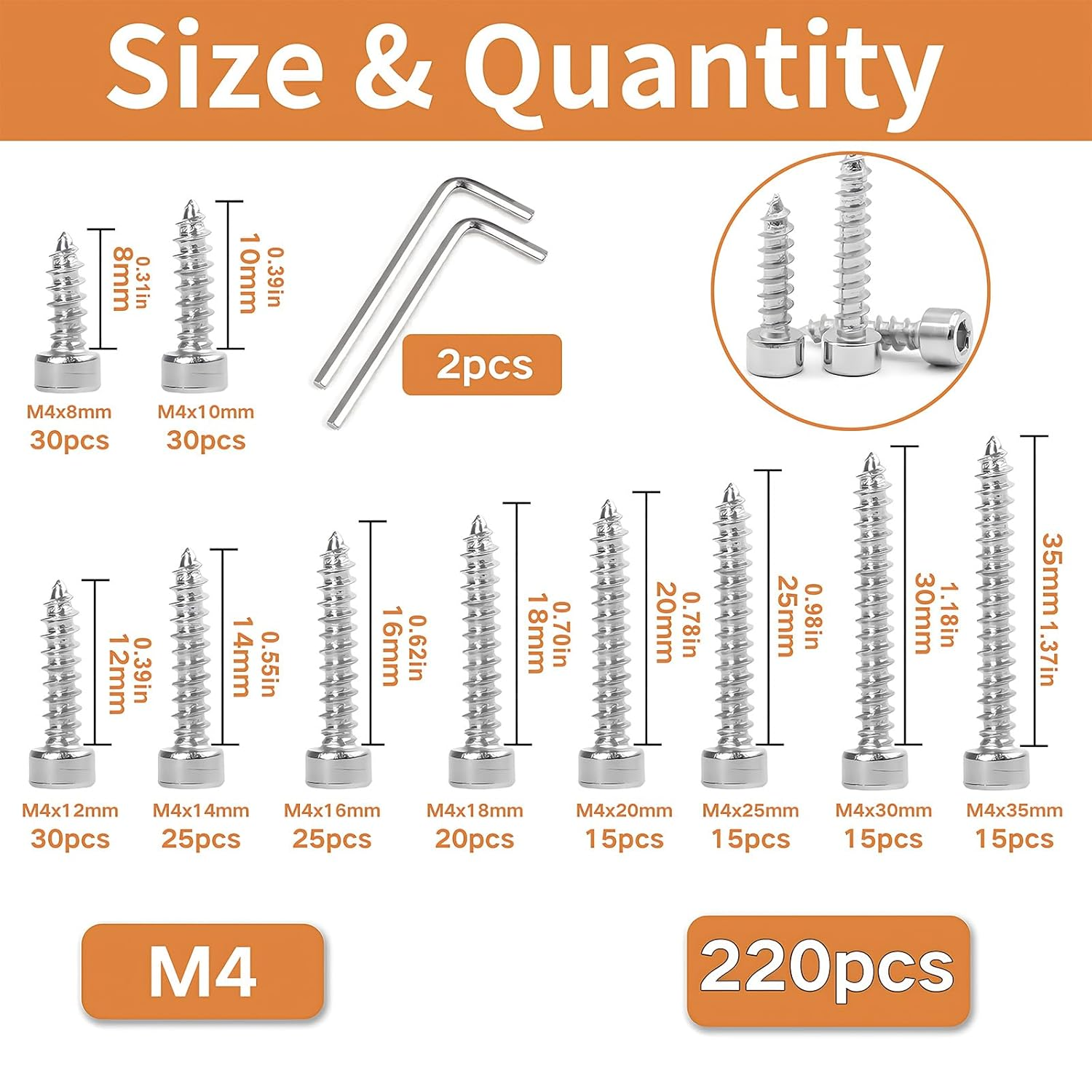 Zmbroll Hex Socket Head Cap Self Tapping Screws M4X8/10/12/14/16/18/20/25/30/35Mm Grade 8.8 Silver Nickel Plated 220Pcs M4 Hex Socket Drive Allen Head Sheet Metal Wood Screw with Wrenches image number 2