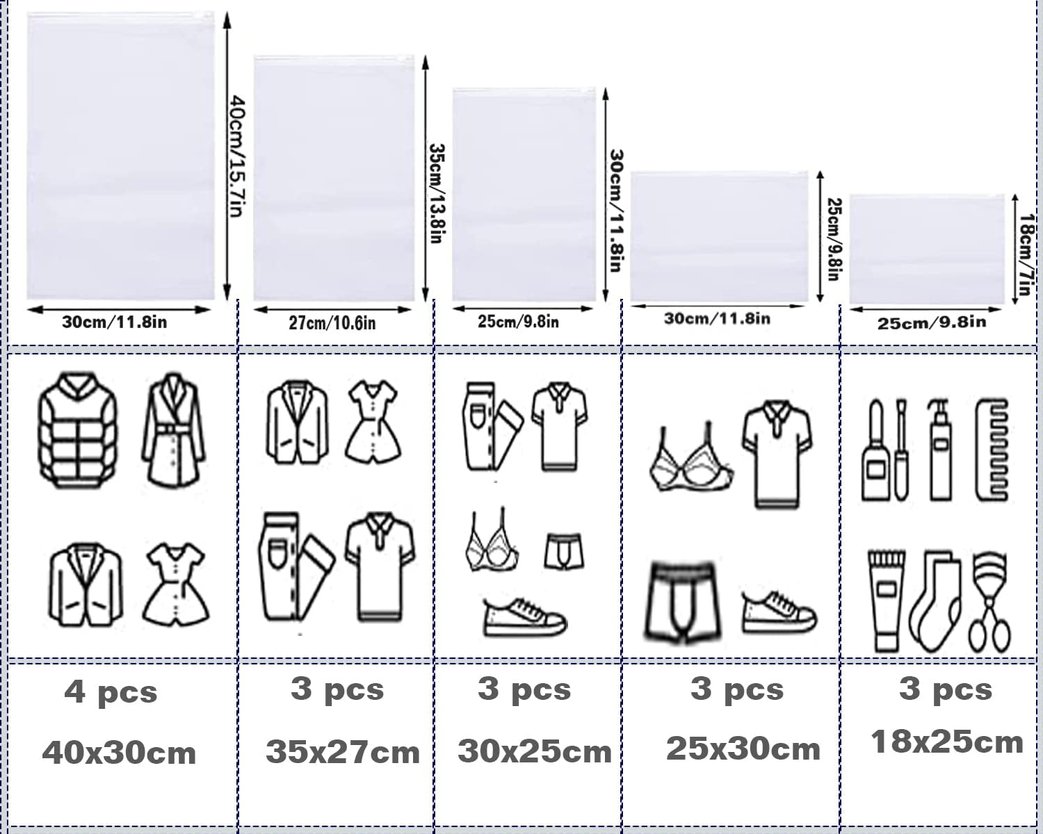 GQC 16 Pcs Frosted Resealable Bag Plastic Zip-Lock Seal Clothes Bags Travel Space Saver Storage Waterproof Luggage Organiser Pouch for Clothes Garment School Trip (5 Size Mixing) image number 3