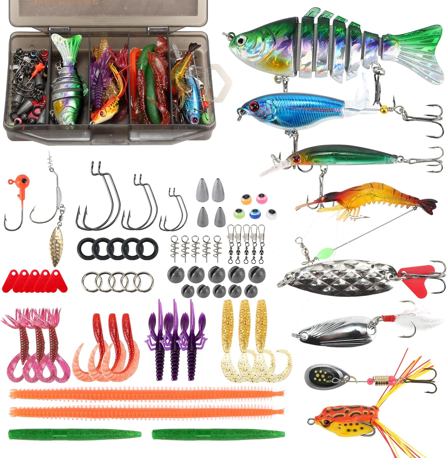 Fishing Lures Tackle Box Bass Fishing Kit Including Animated Lure,Crankbaits,Spinnerbaits,Soft Plastic Worms, Jigs,Topwater Lures,Hooks,Saltwater & Freshwater Fishing Gear Kit for Bass,Trout, Salmon. - 253Pcs Fishing Tackle Box image number 3