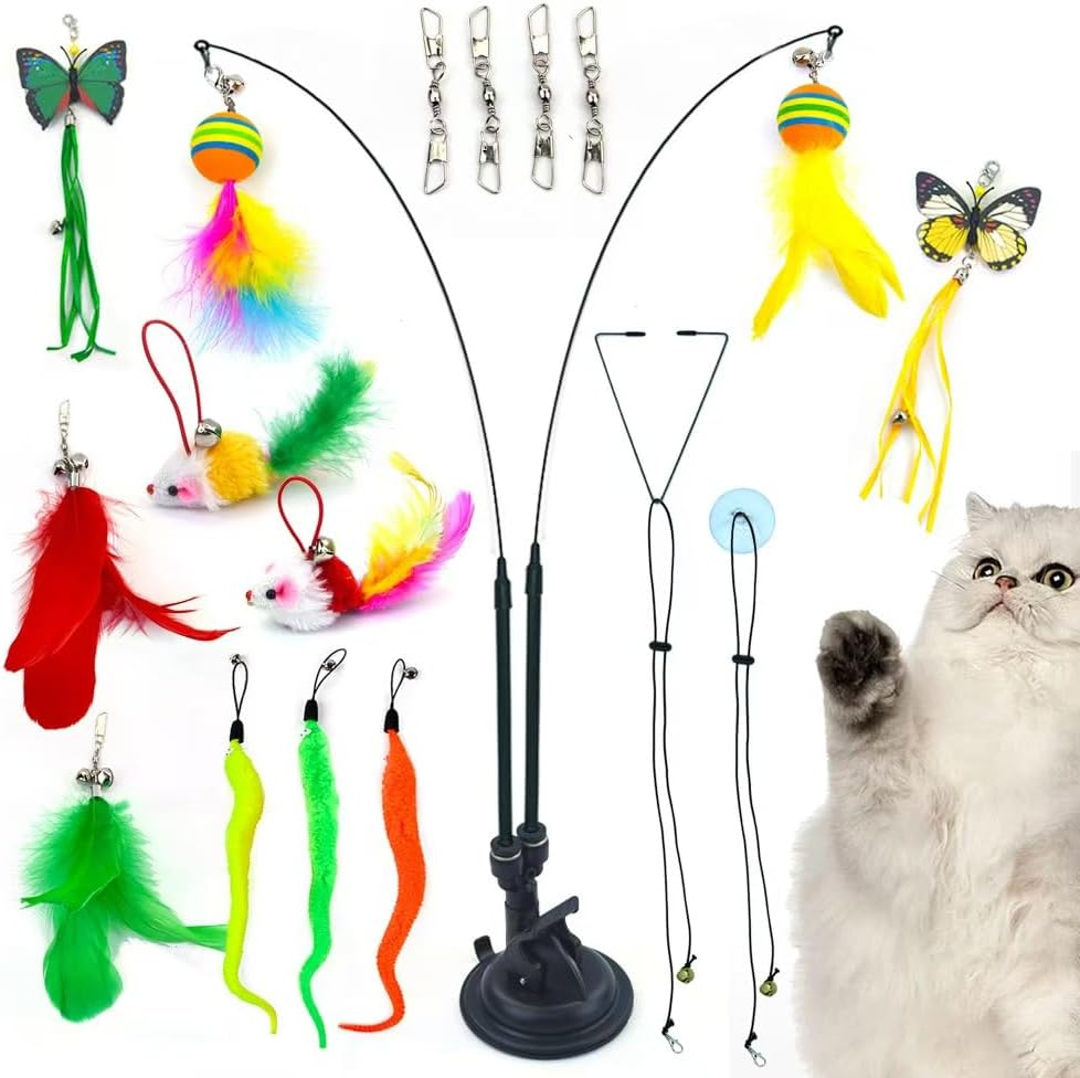 Cat Toys Wand Set with Suction Cup &ndash; 20 Pack Interactive Cat Teaser Toys with Feathers, Bells, Butterfly & Mouse Attachments &ndash; Retractable Wand & Sturdy Suction Base for Indoor Cats & Kittens AUPOINT image number 5