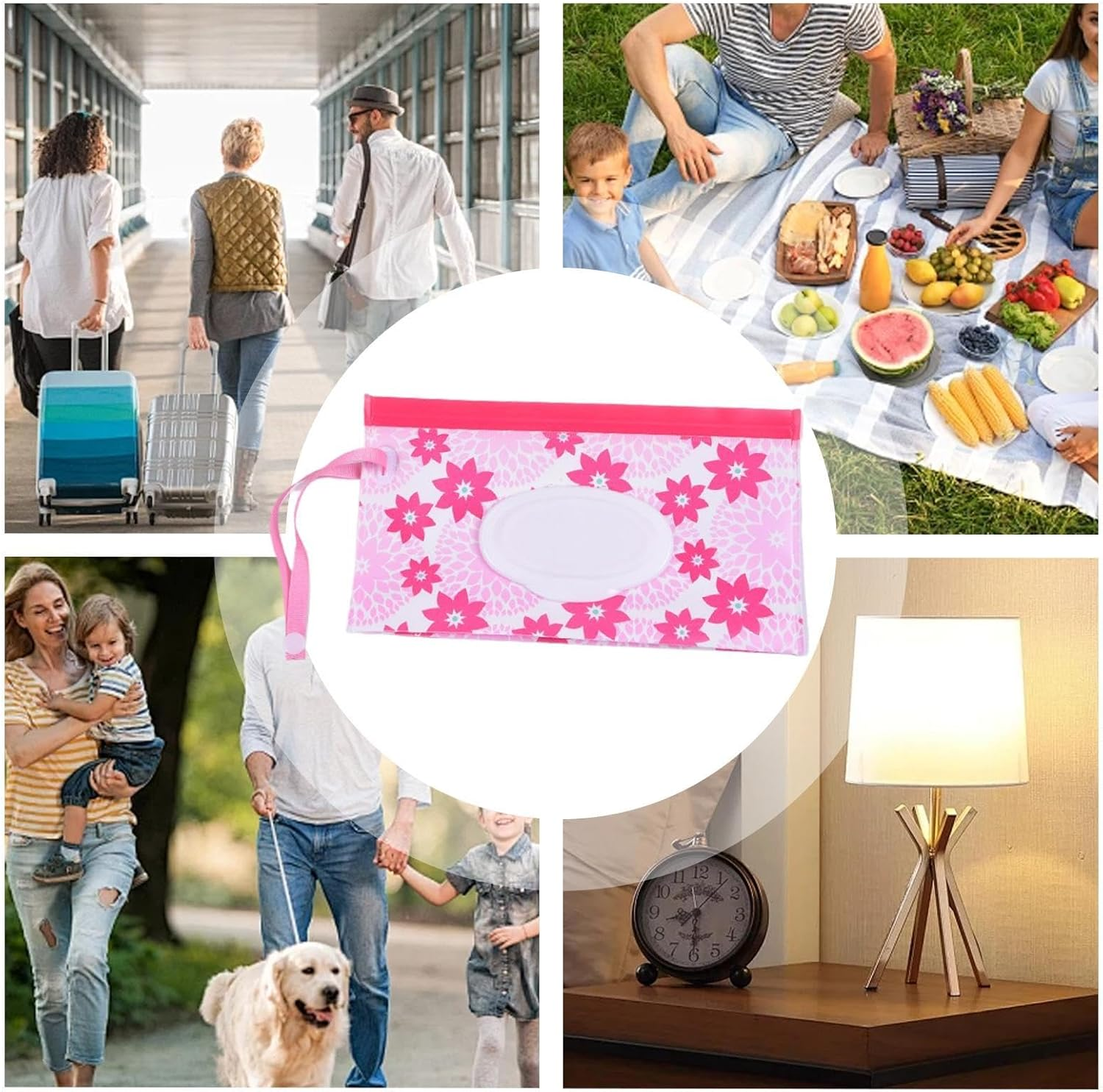 Wipes Container Travel | Water Resistant Wet Wipes Bag,Reusable Wipes Pouch Wipe Holder with Wrist Strap for Stroller Vehicle Shopping - Colored Irregular Circles image number 2