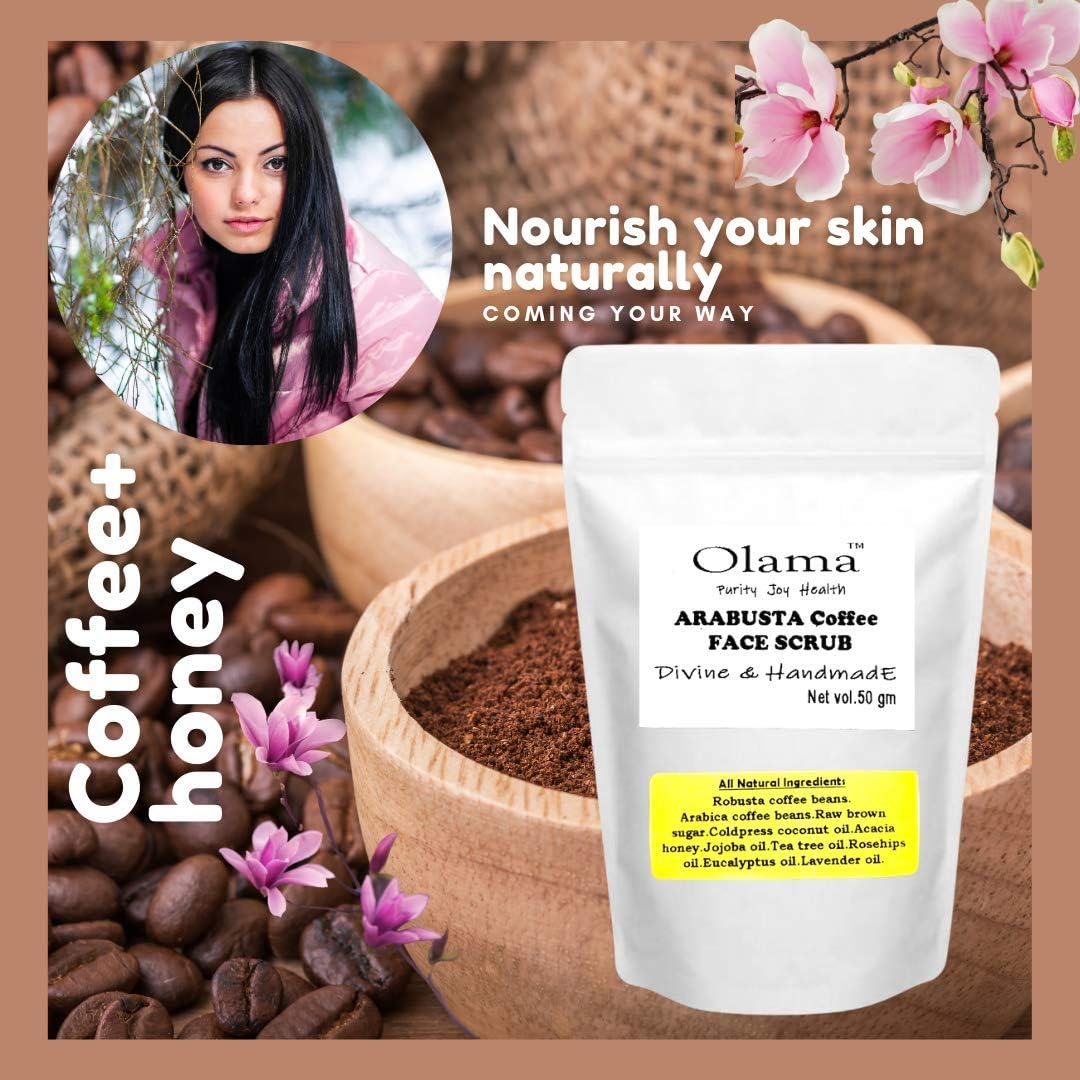 Olama Coffee & Honey Face Scrub Divine & Handmade, Arabusta, Sugar, Jojoba-Oil, Rose-Hip Oil, Almond Oil, Virgin Coconut Oil, Luxury Facescrub, Paraben & SLS Free, 50 Gram image number 3