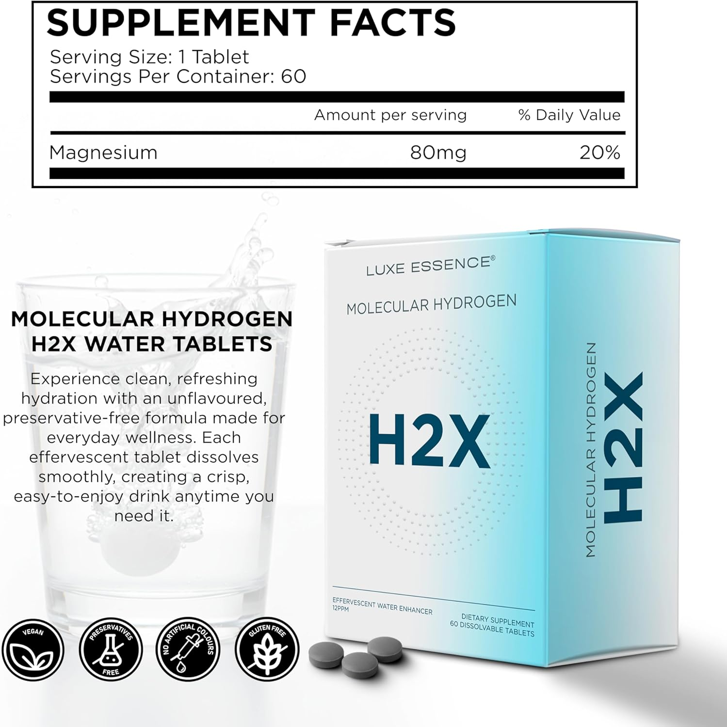 Molecular Hydrogen H2X Tablets for Drinking Water | Molecular Hydrogen Water Tablets | Water-Infusing Effervescent Tablet | 12 PPM Hydrogen-Generating Formula | 60 Count image number 5