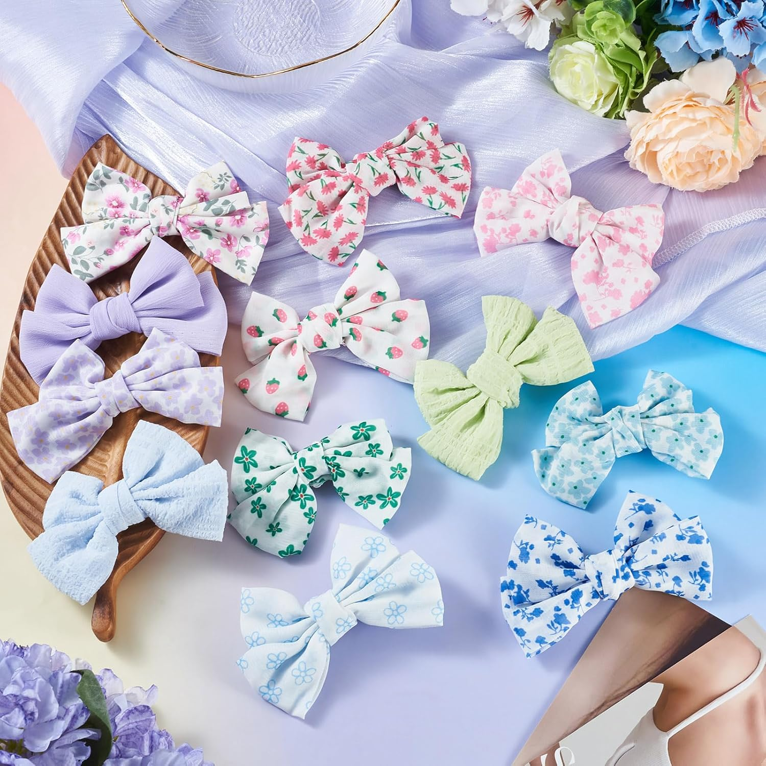 Cheriswelry 12Pcs Alligator Bow Barrettes 12 Colors Flower Strawberry Pattern Bowknot Barrettes Ribbon Bow Hair Clips for Women and Girls Decorative Accessory image number 3