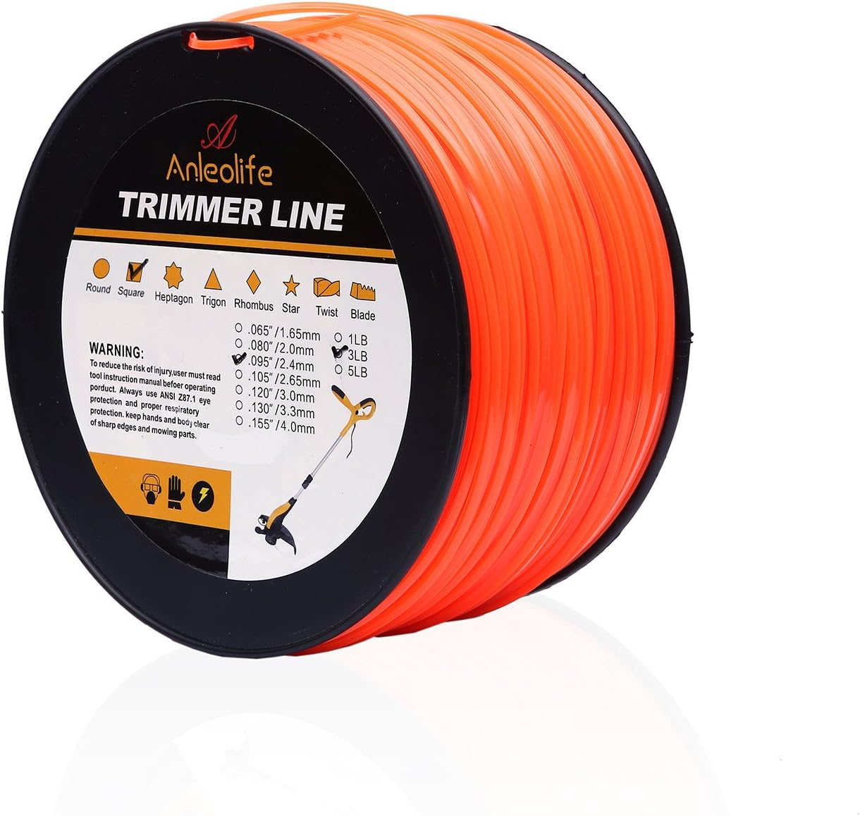 Anleolife 5-Pound Commercial Square .105-Inch-By-1038-Ft String Trimmer Line in Spool,With Bonus Line Cutter, Orange