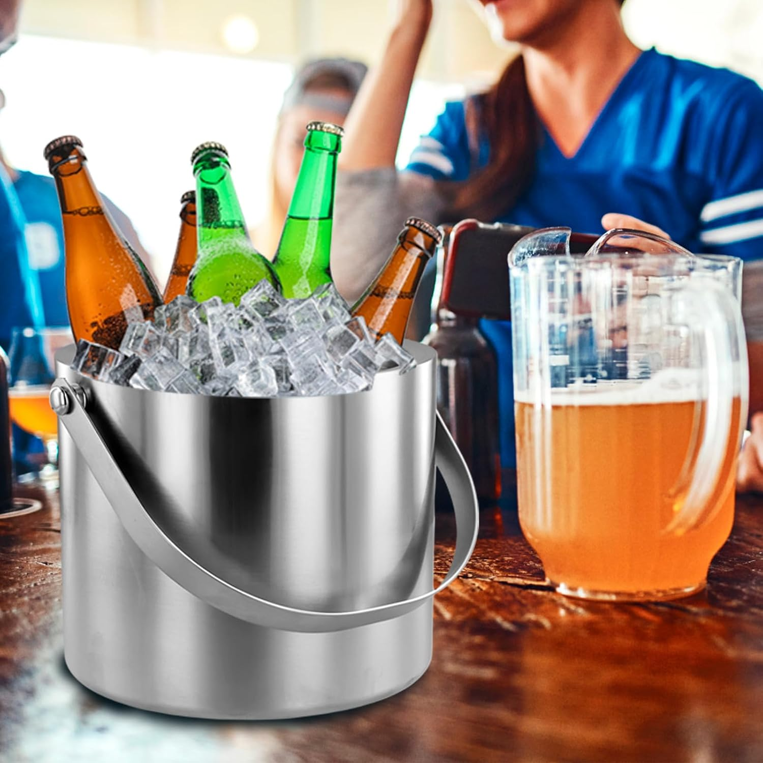 Ice Cube Bucket,Stainless Steel Ice Bucket,Bar Accessories Ice Bucket,Double Walled Stainless Steel Ice Bucket,Good Sealing Insulated Ice Bucket for Cocktail Bar Parties (2.0L) image number 1