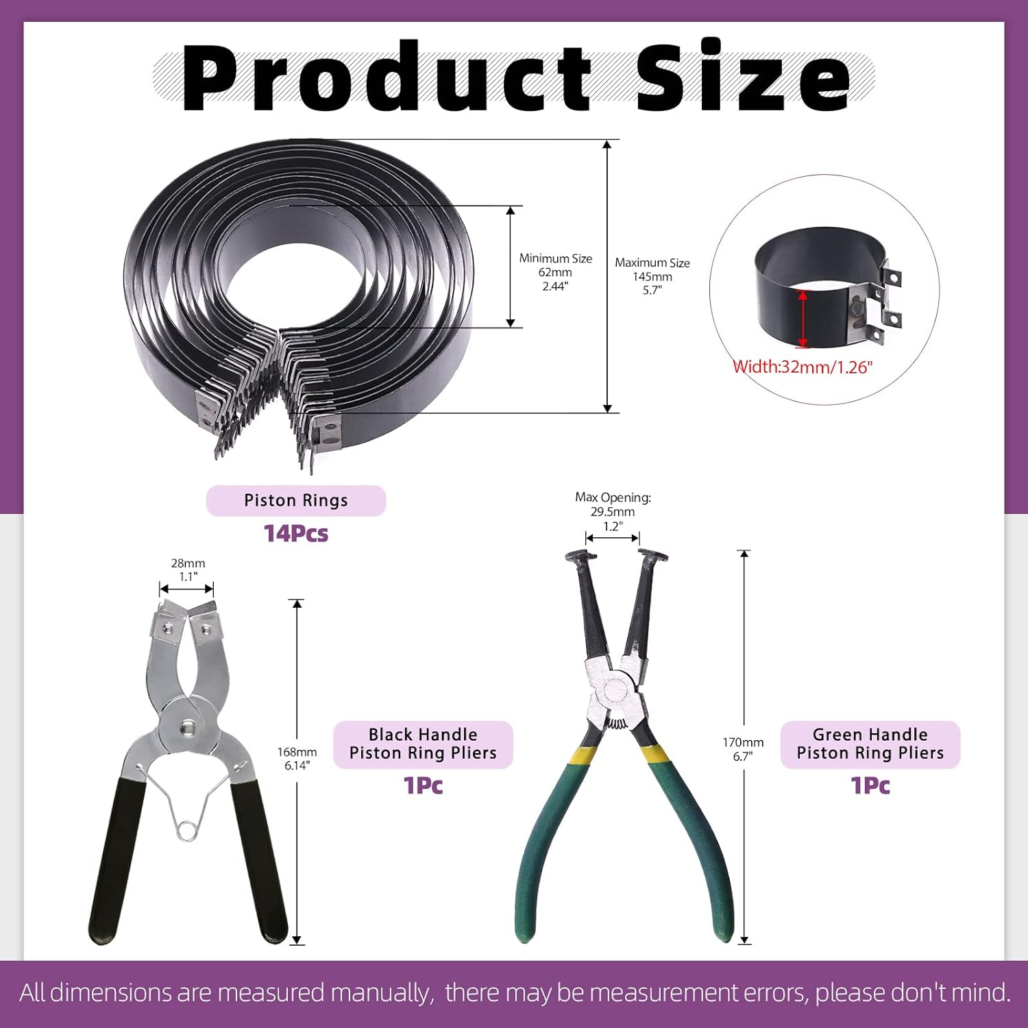 Swpeet 17Pcs Adjustable Black Piston Installer Pliers and Green Car Engine Piston Ring Compressor Pliers with 2.4" - 5.7" Piston Rings Kit with Carrying Box for Car Truck Auto Engine image number 5