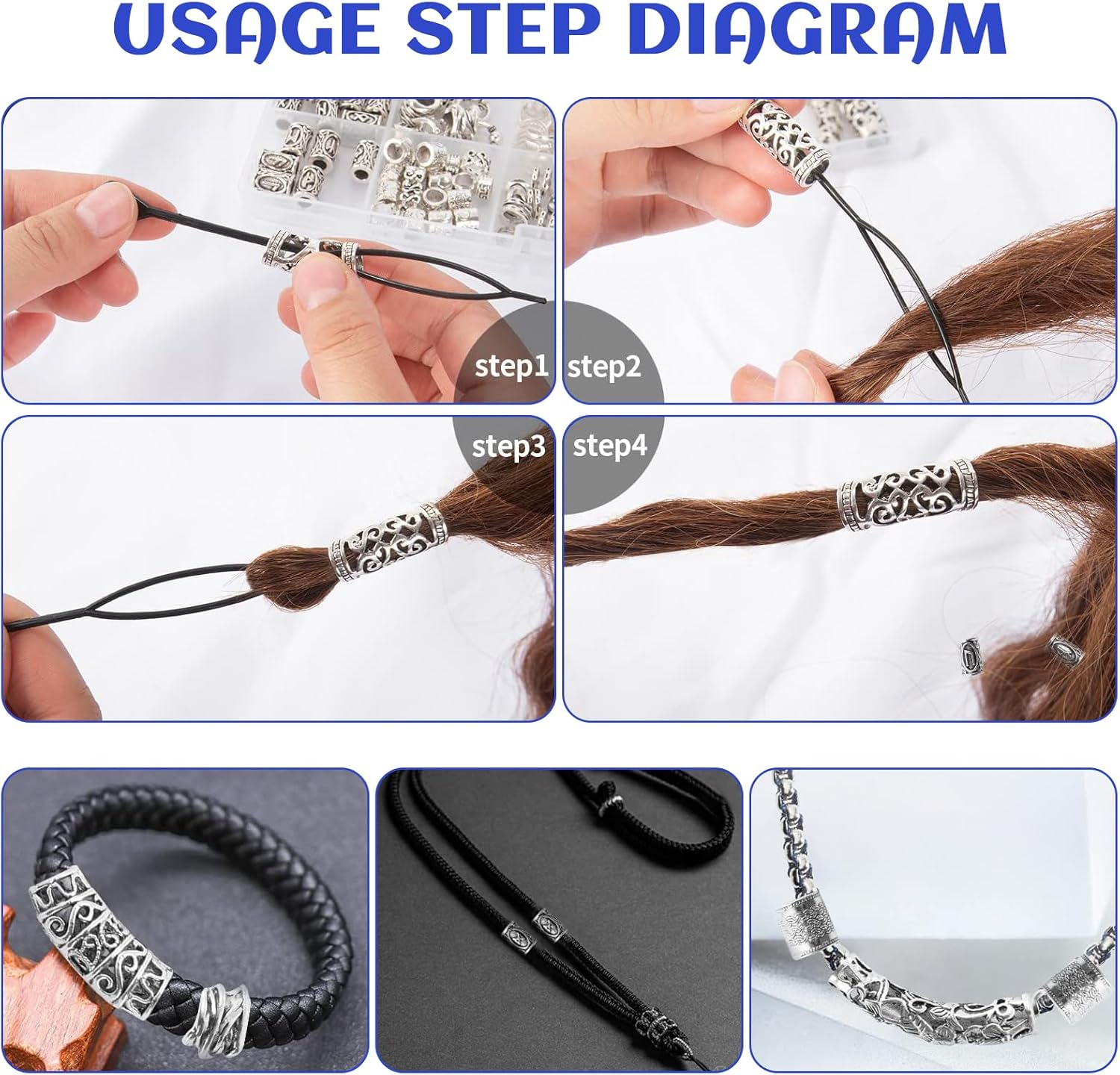 44 Pcs Viking Rune Beads for Hair, Beard & Jewelry - 96Pcs Metal Alloy round Braiding Beads with 50 Rubber Bands & Storage Box image number 3