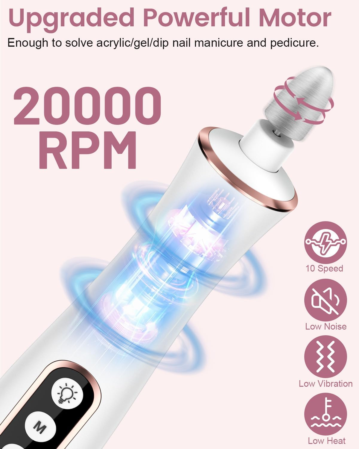 Electric Nail Sander for Gel Nails - Electric Nail File 10 Speed Cordless Electric Nail Sander Manicure Set for Acrylic Gel Natural Gel Nails (White) - Black image number 4